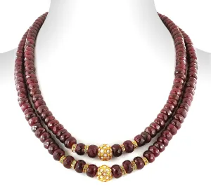 Two Row 7-8 mm, Ruby Gemstone Necklace With Gold Plated Beads
