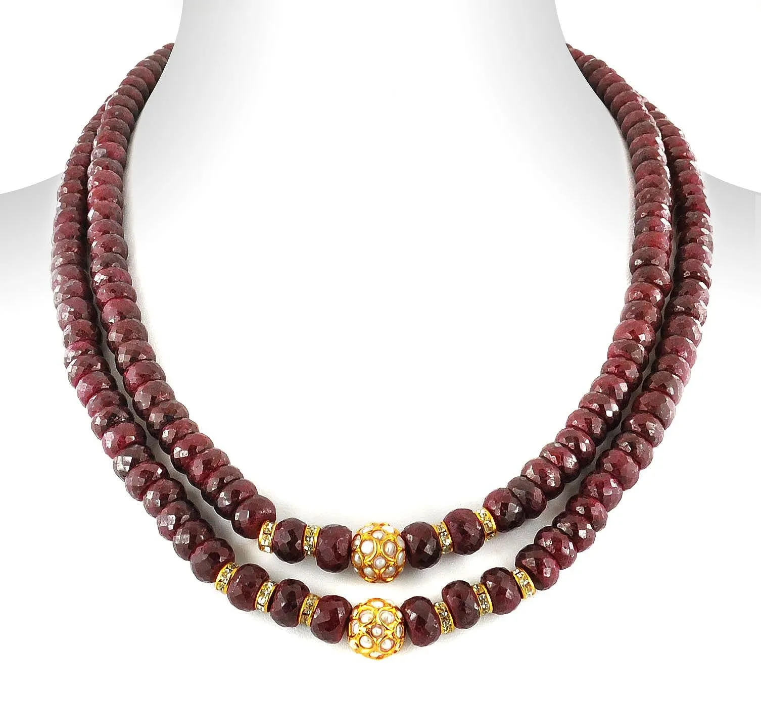 Two Row 7-8 mm, Ruby Gemstone Necklace With Gold Plated Beads
