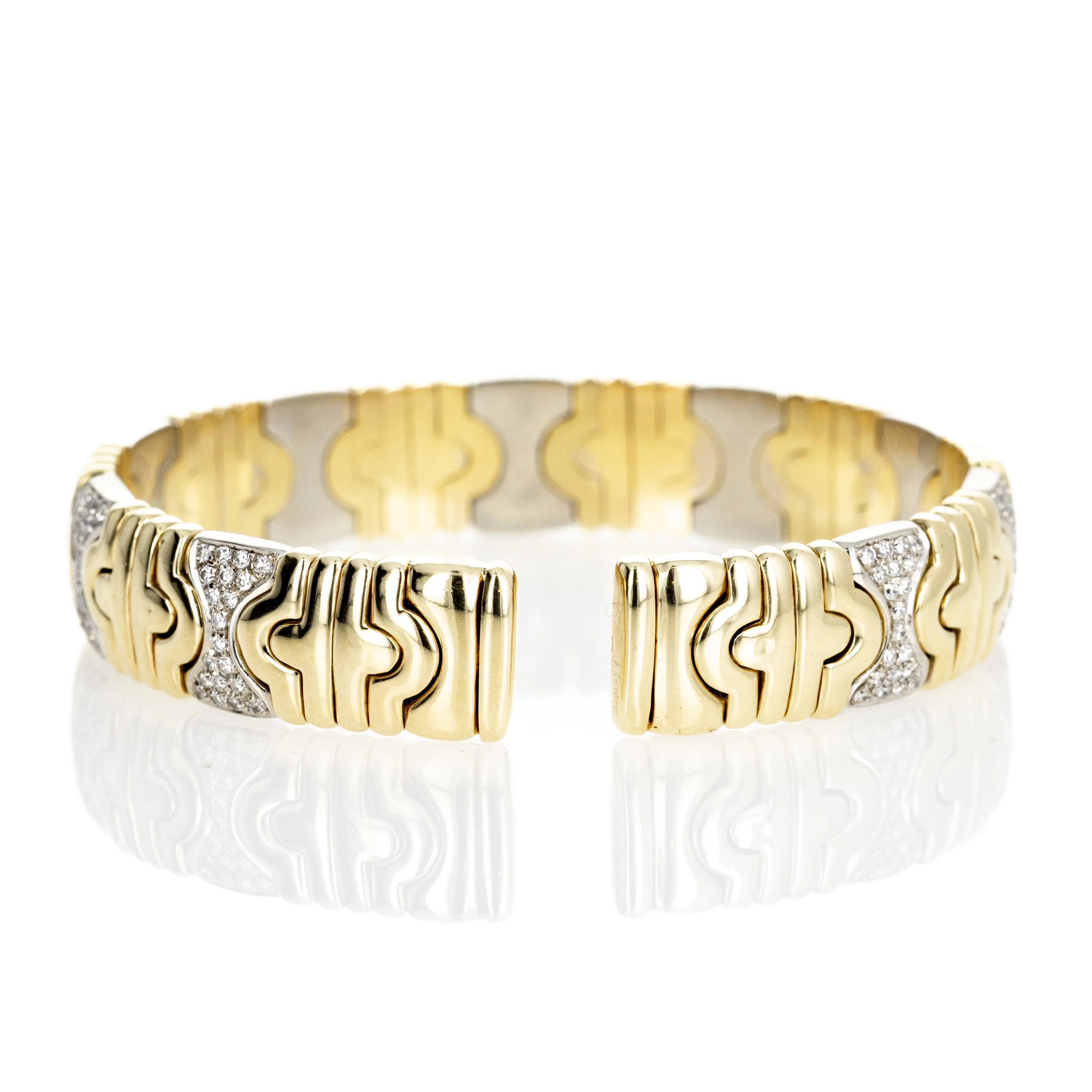 Two Toned 18K Gold Pave Diamond Textured Bangle
