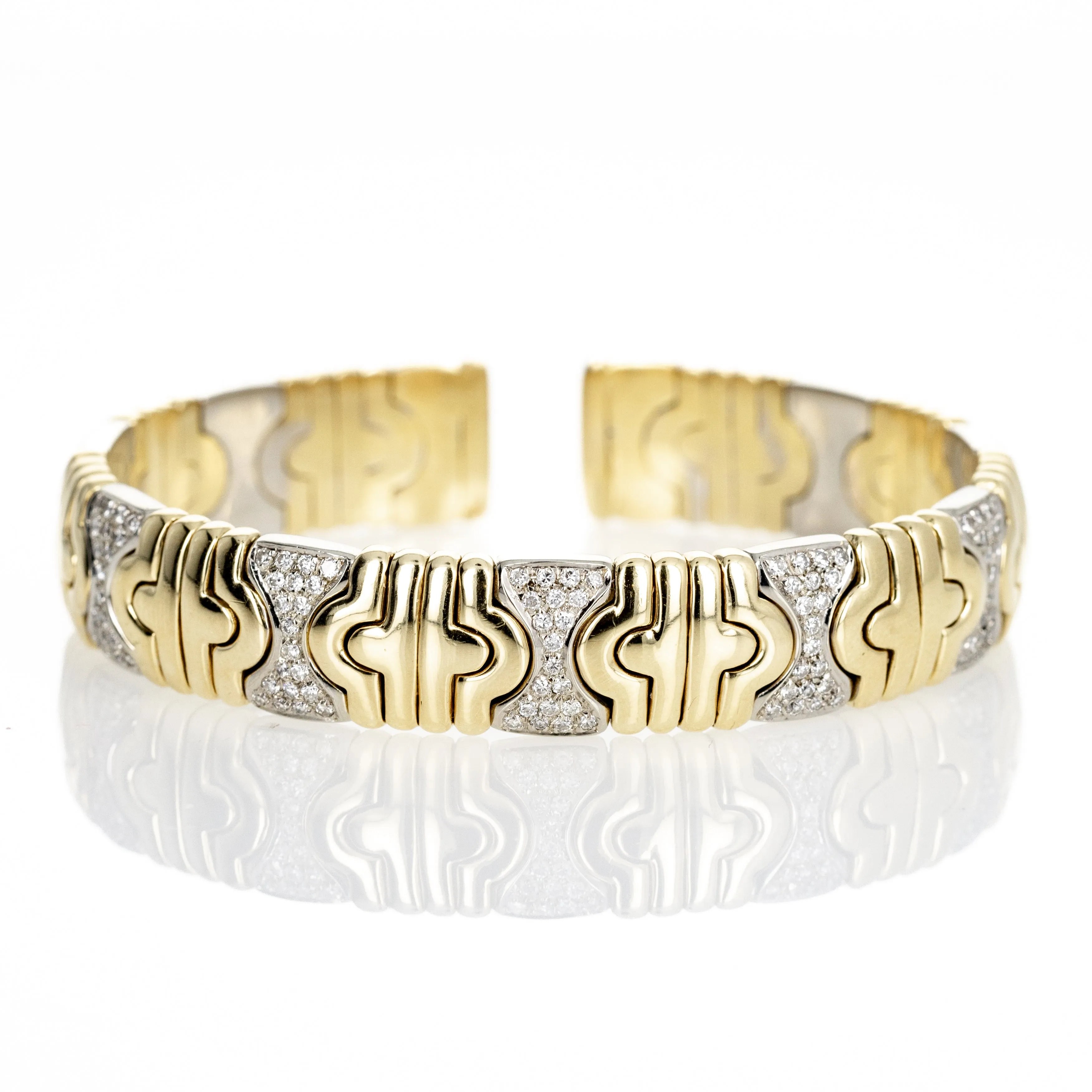 Two Toned 18K Gold Pave Diamond Textured Bangle