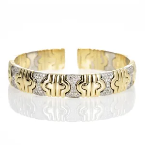 Two Toned 18K Gold Pave Diamond Textured Bangle