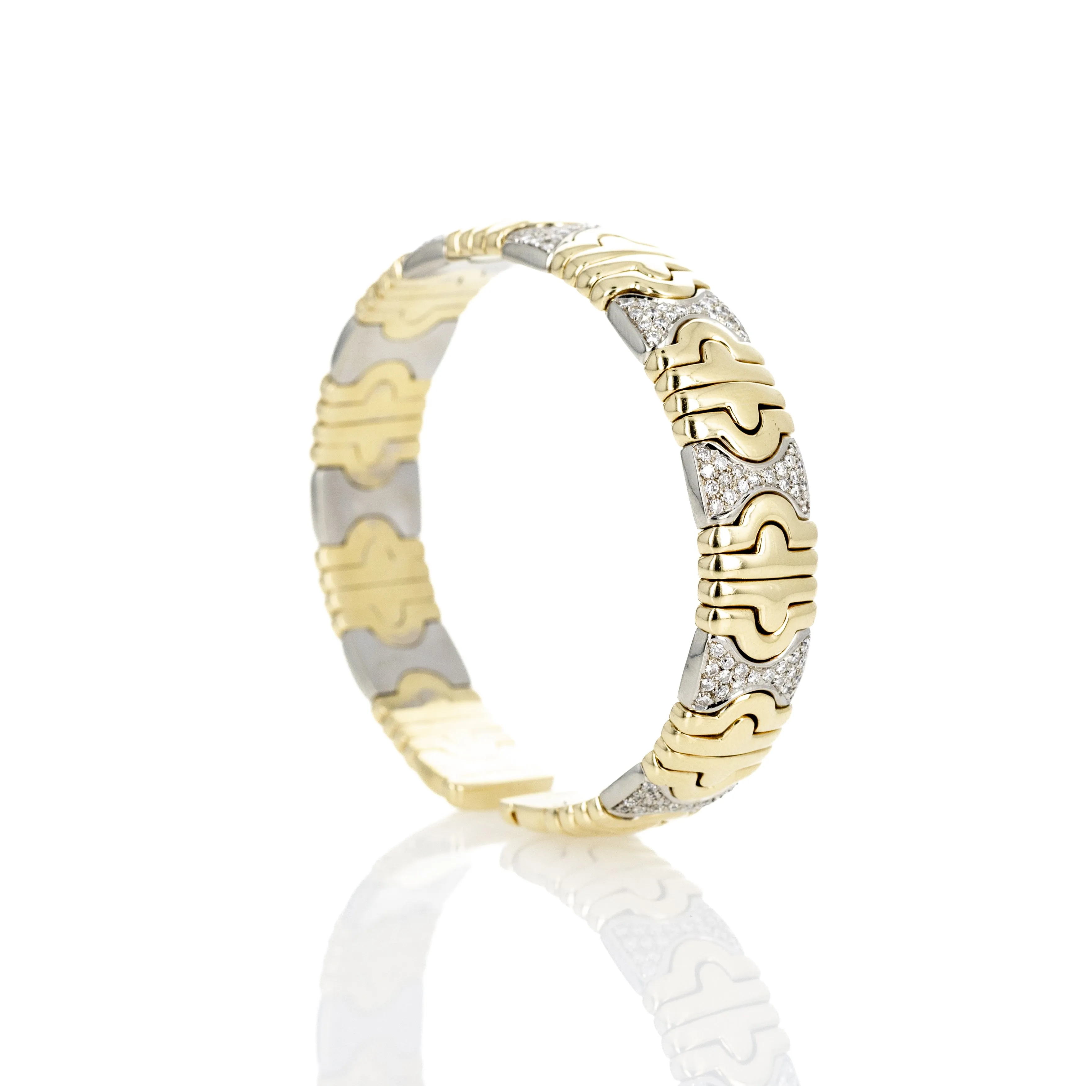 Two Toned 18K Gold Pave Diamond Textured Bangle