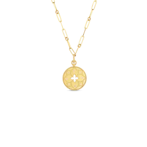 Venetian Princess 18K Yellow Gold Satin Finish Diamond Accent Flower Cutout Medallion on Chain Necklace