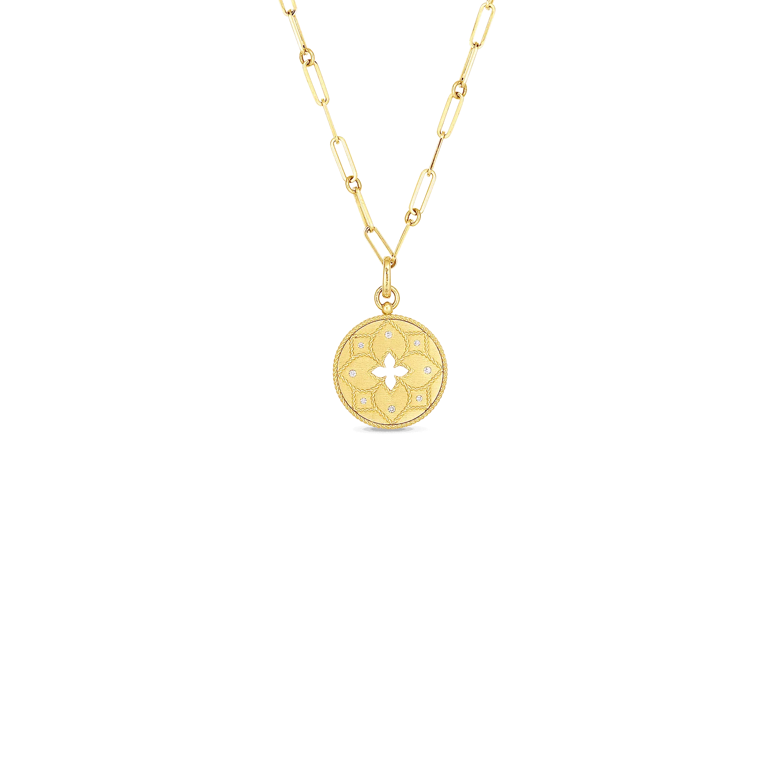 Venetian Princess 18K Yellow Gold Satin Finish Diamond Accent Flower Cutout Medallion on Chain Necklace