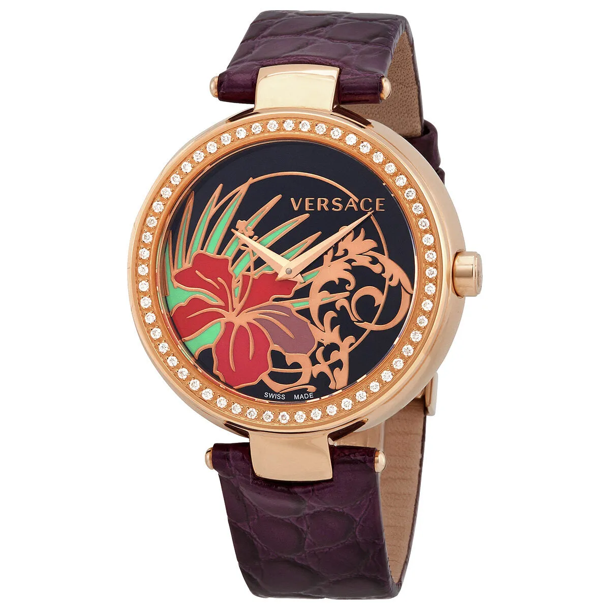 Versace Quartz Diamond Black Dial Purple Leather Ladies Watch I9Q81D9HIS702