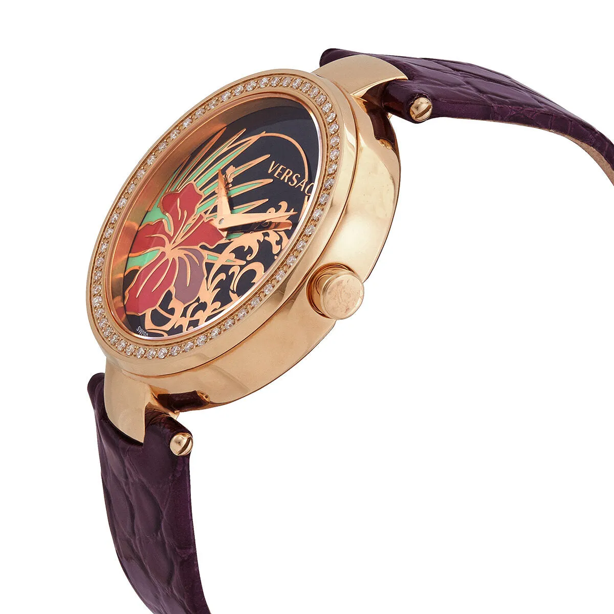 Versace Quartz Diamond Black Dial Purple Leather Ladies Watch I9Q81D9HIS702