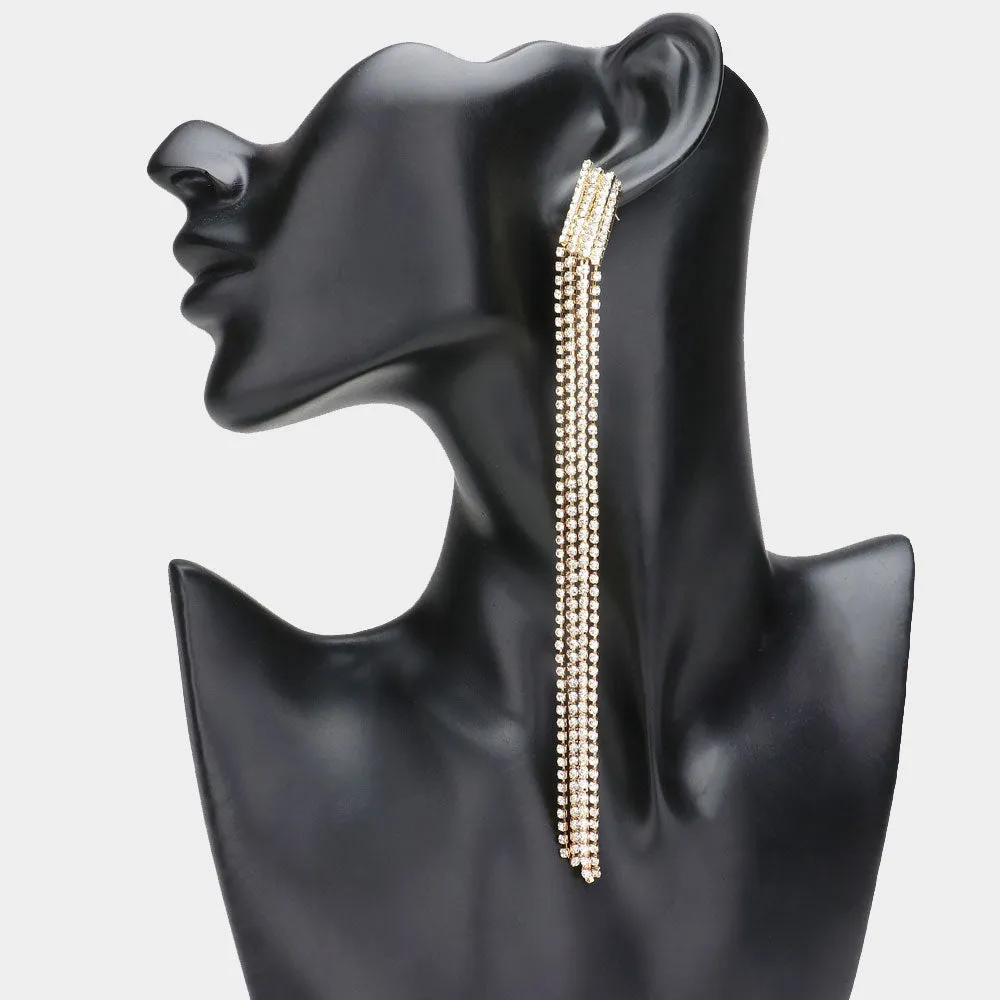 Very Long Clear Rhinestone Fringe Pageant Earrings on Gold | Very Long Earrings |  632926