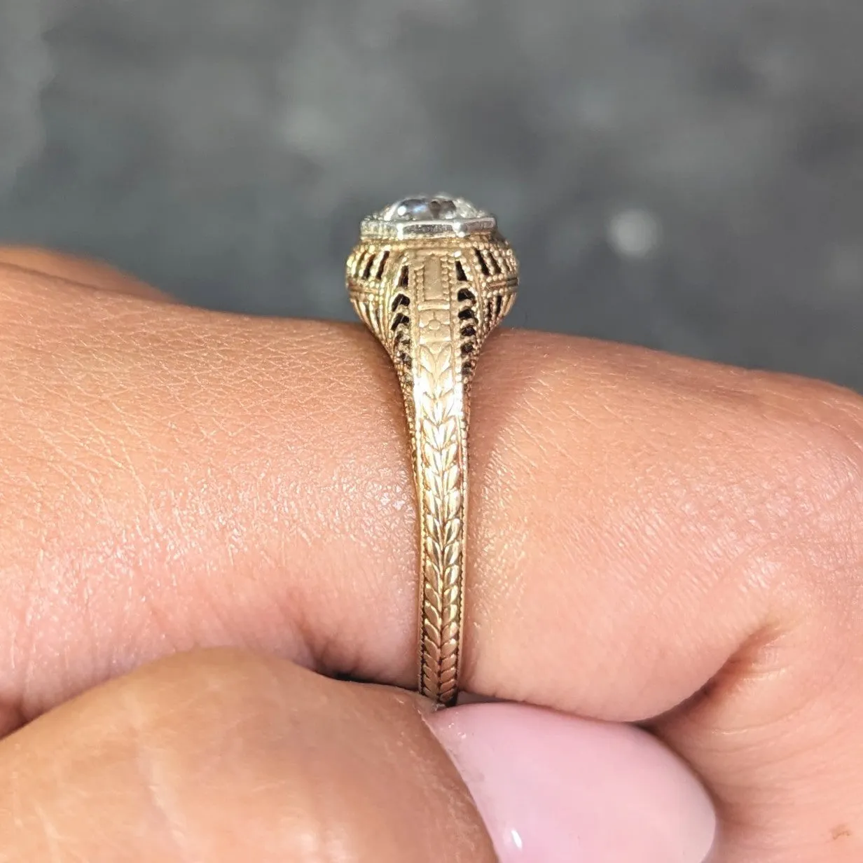 Victorian 0.64 CTW Old Mine Diamond Platinum 18 Karat Yellow Gold Wheat Solitaire Engagement Ring