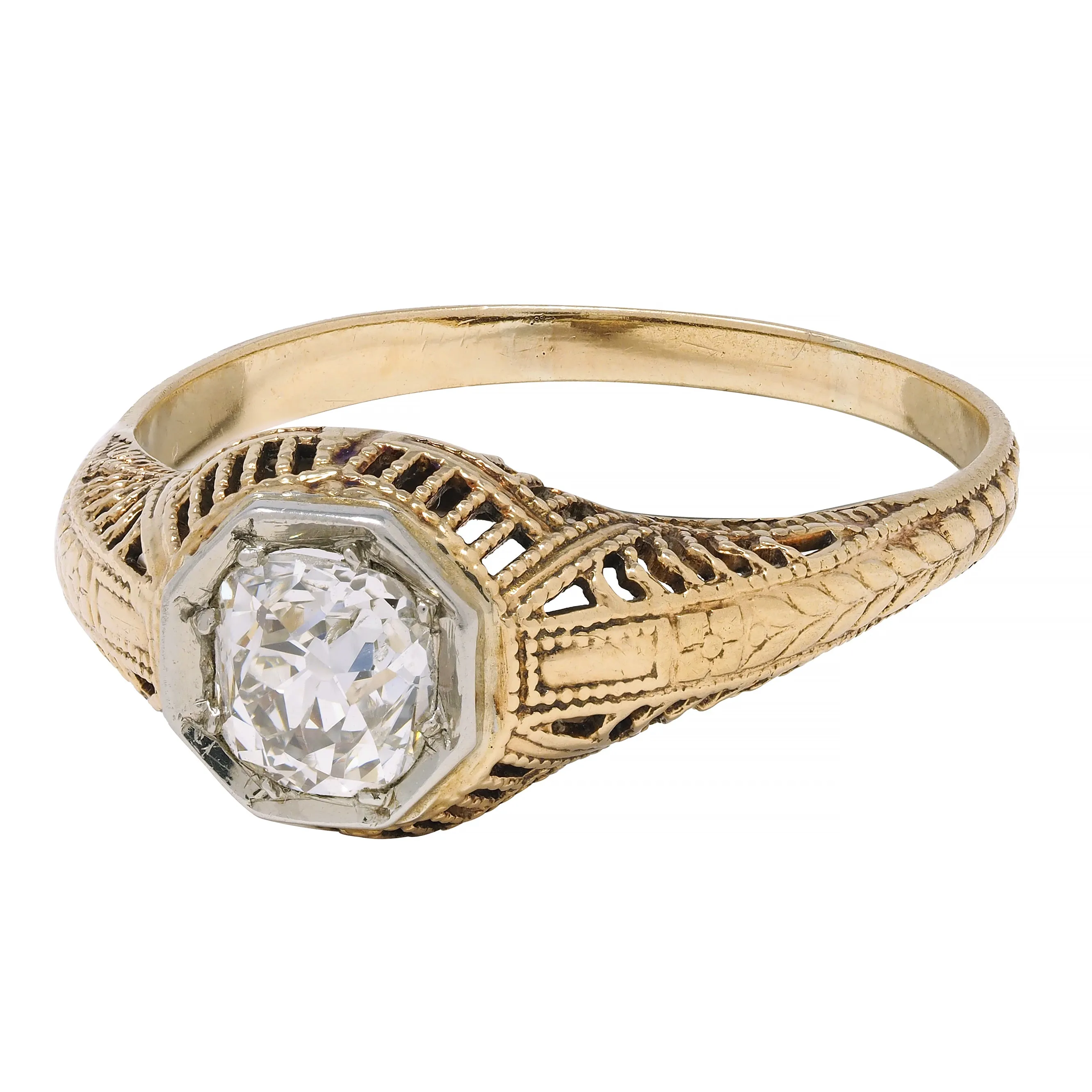 Victorian 0.64 CTW Old Mine Diamond Platinum 18 Karat Yellow Gold Wheat Solitaire Engagement Ring