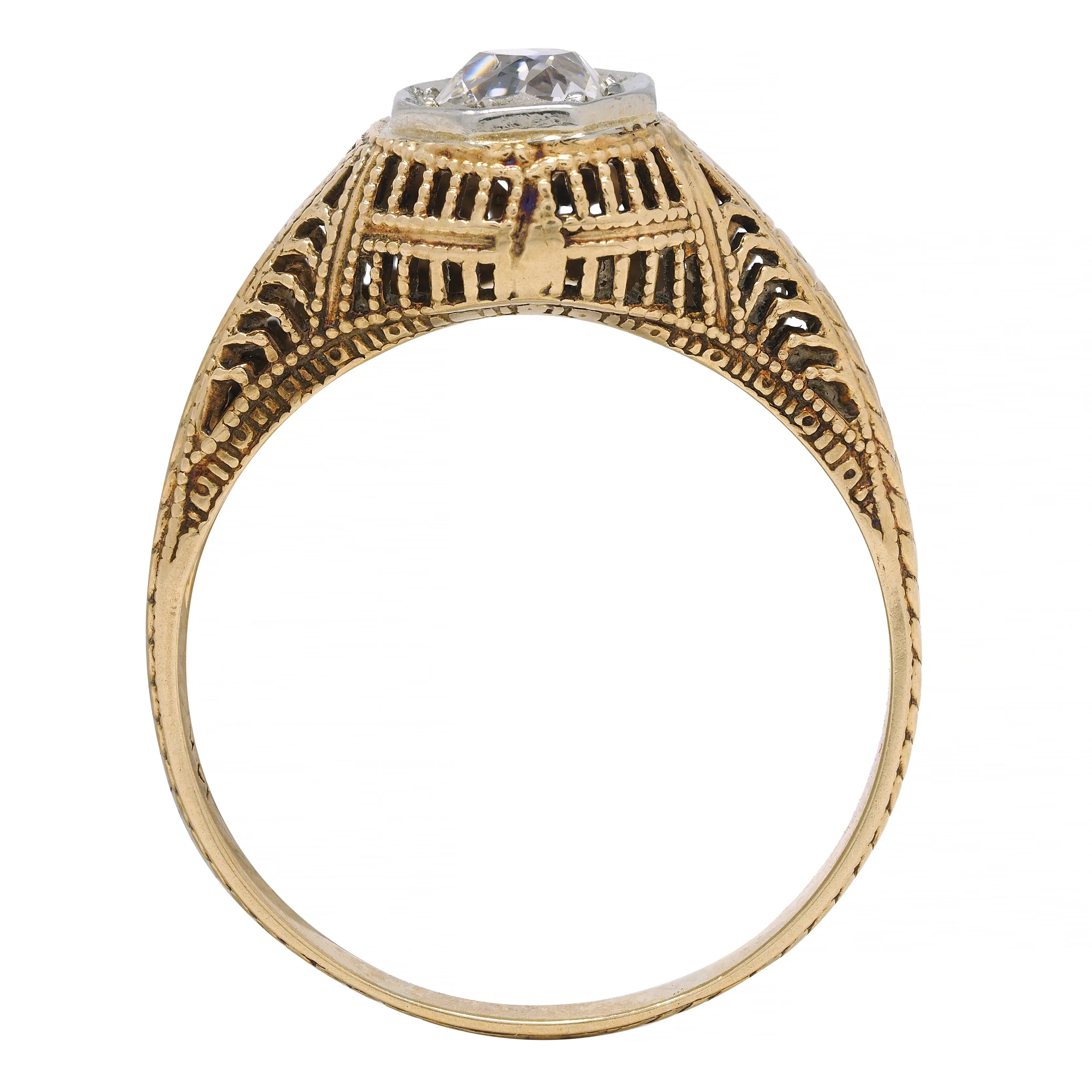 Victorian 0.64 CTW Old Mine Diamond Platinum 18 Karat Yellow Gold Wheat Solitaire Engagement Ring