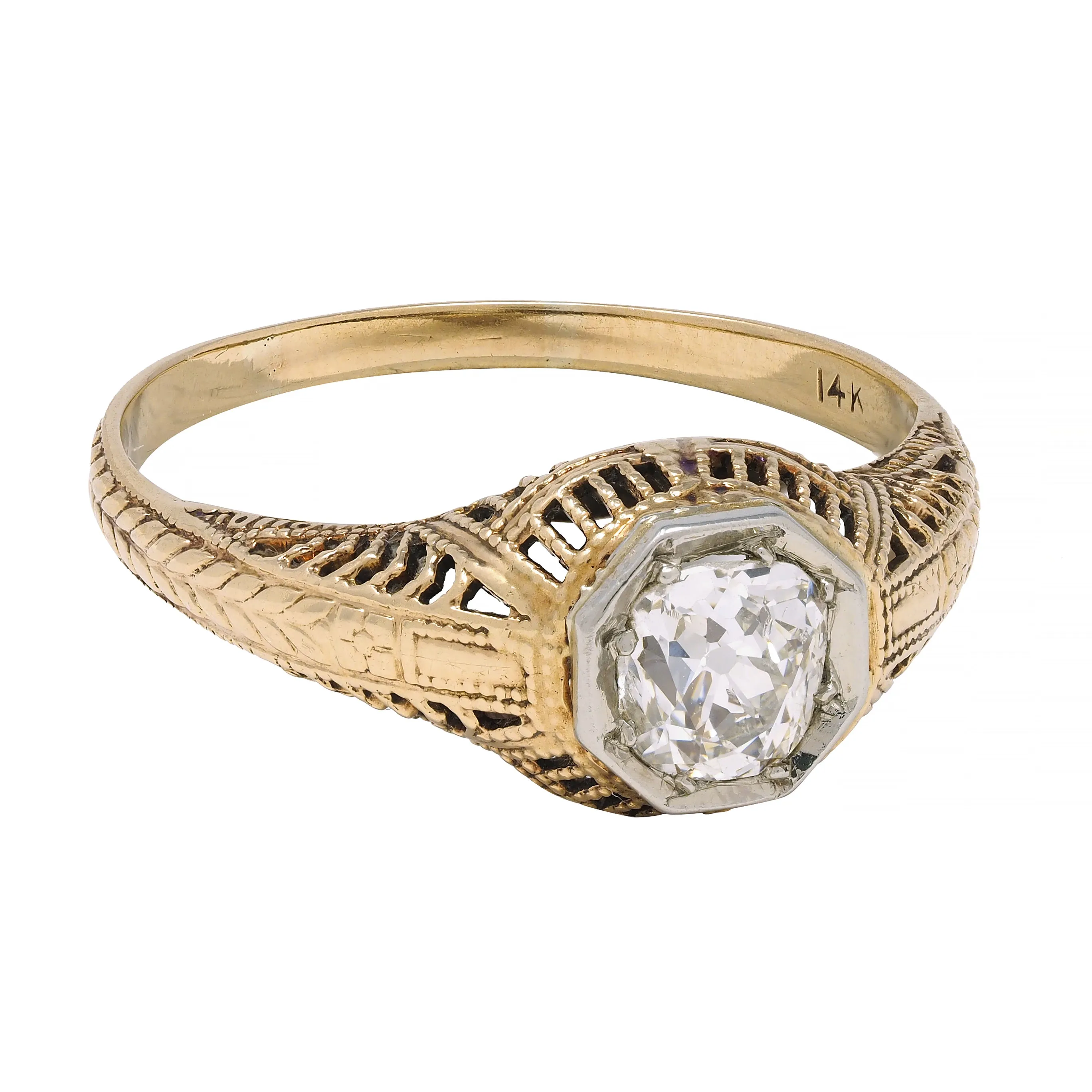 Victorian 0.64 CTW Old Mine Diamond Platinum 18 Karat Yellow Gold Wheat Solitaire Engagement Ring