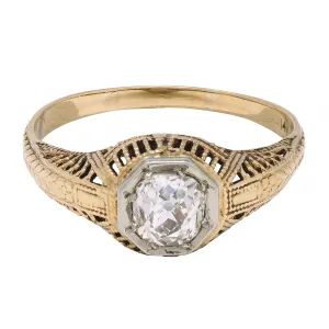 Victorian 0.64 CTW Old Mine Diamond Platinum 18 Karat Yellow Gold Wheat Solitaire Engagement Ring
