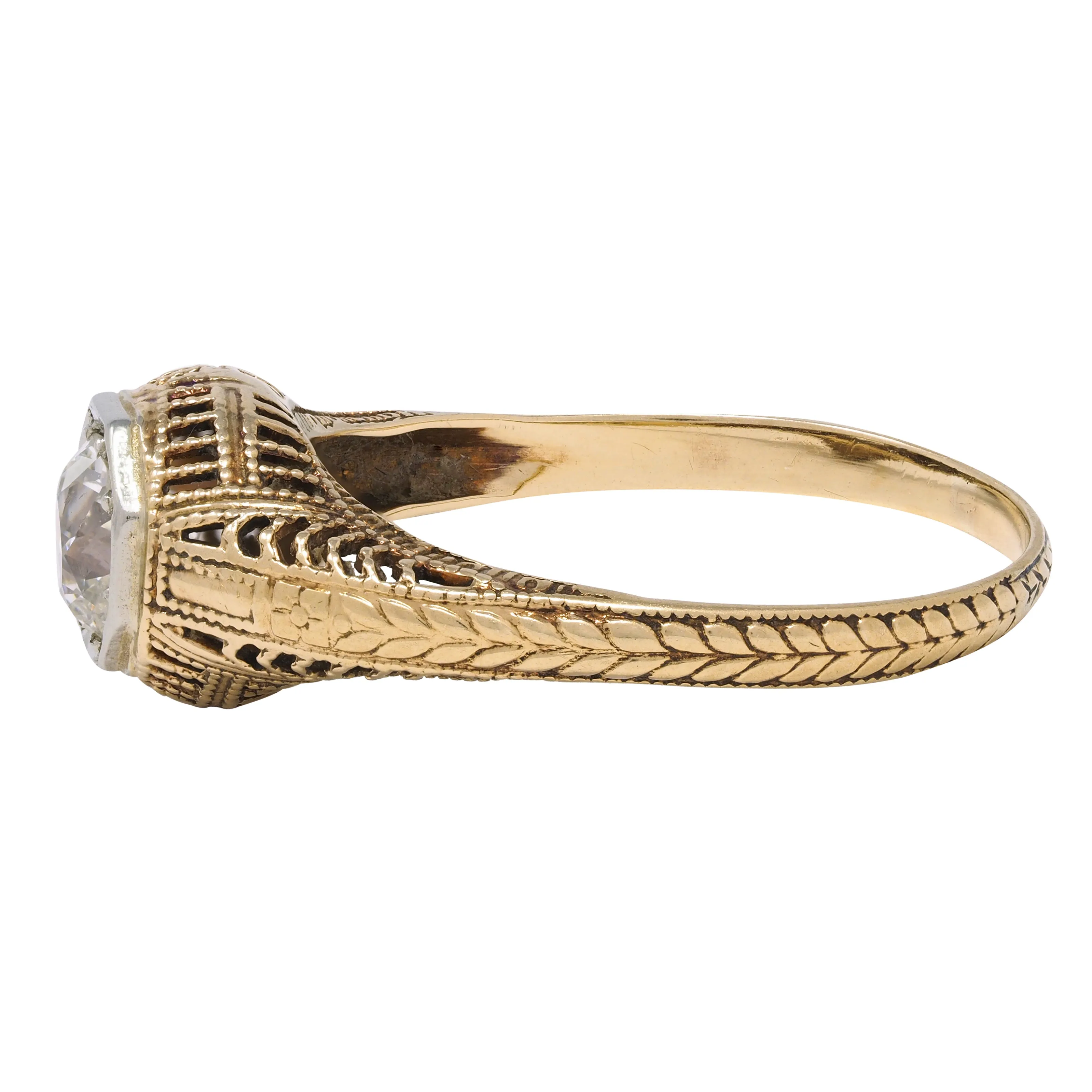 Victorian 0.64 CTW Old Mine Diamond Platinum 18 Karat Yellow Gold Wheat Solitaire Engagement Ring