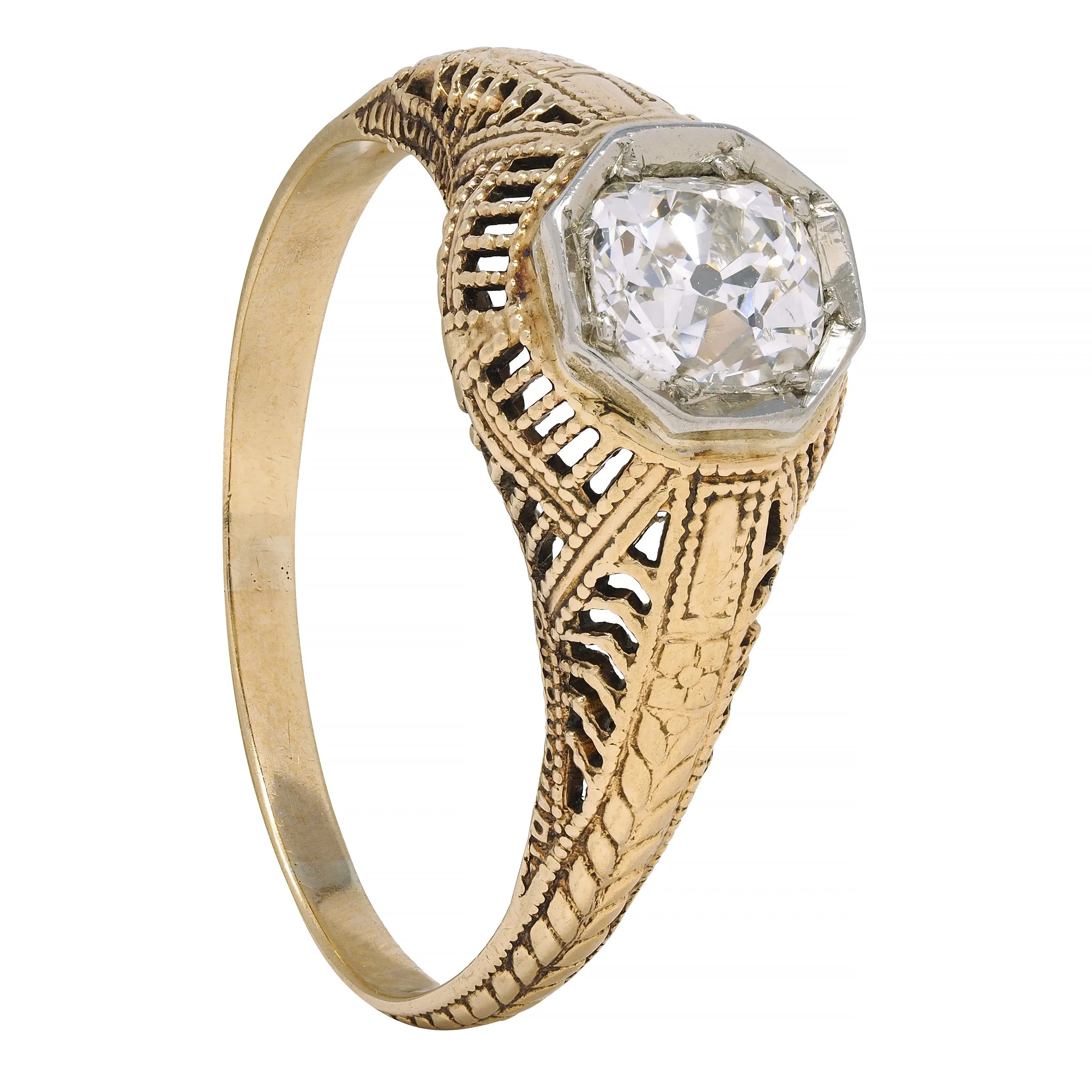 Victorian 0.64 CTW Old Mine Diamond Platinum 18 Karat Yellow Gold Wheat Solitaire Engagement Ring