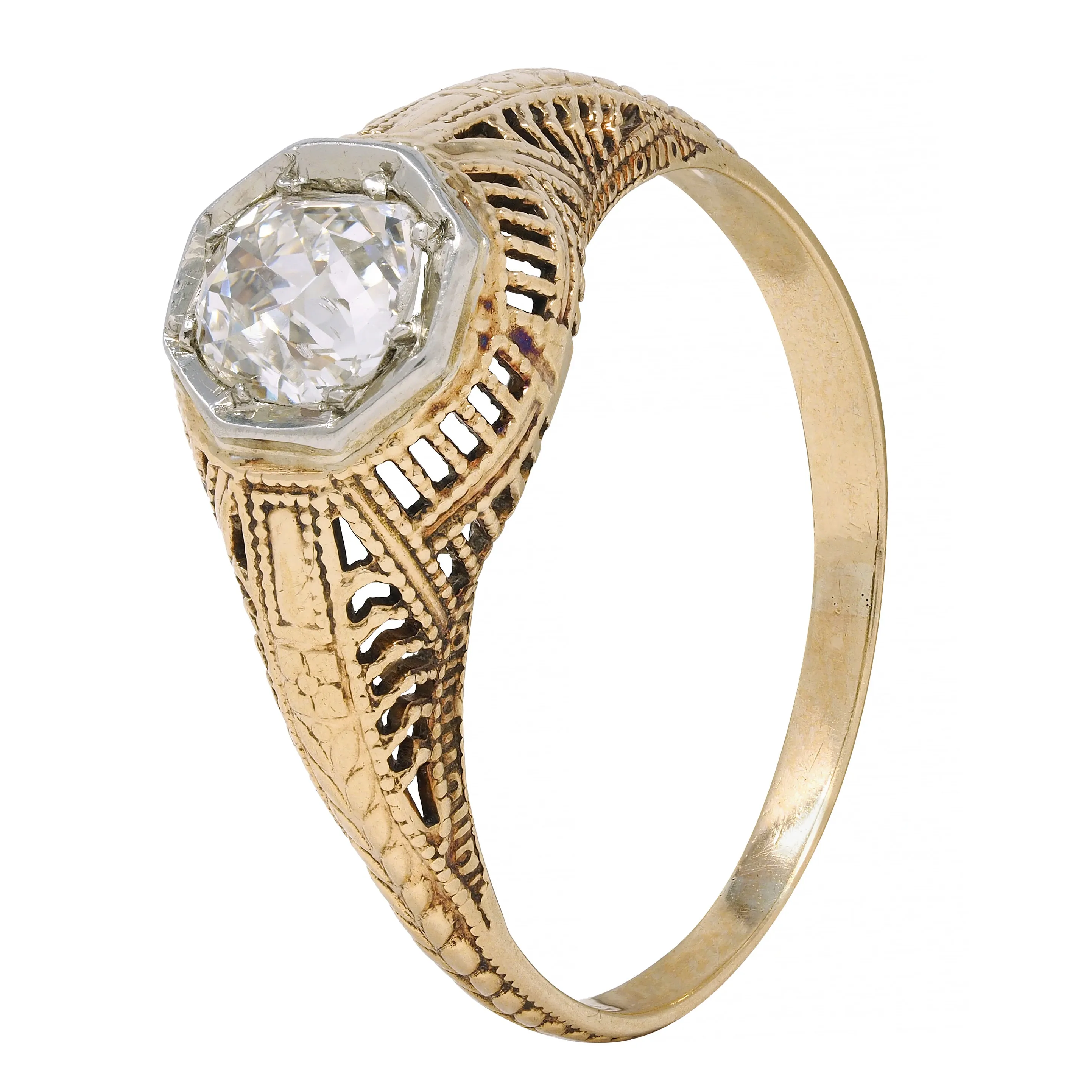 Victorian 0.64 CTW Old Mine Diamond Platinum 18 Karat Yellow Gold Wheat Solitaire Engagement Ring
