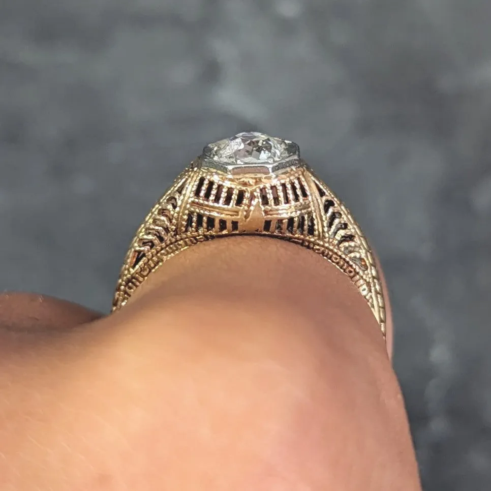 Victorian 0.64 CTW Old Mine Diamond Platinum 18 Karat Yellow Gold Wheat Solitaire Engagement Ring