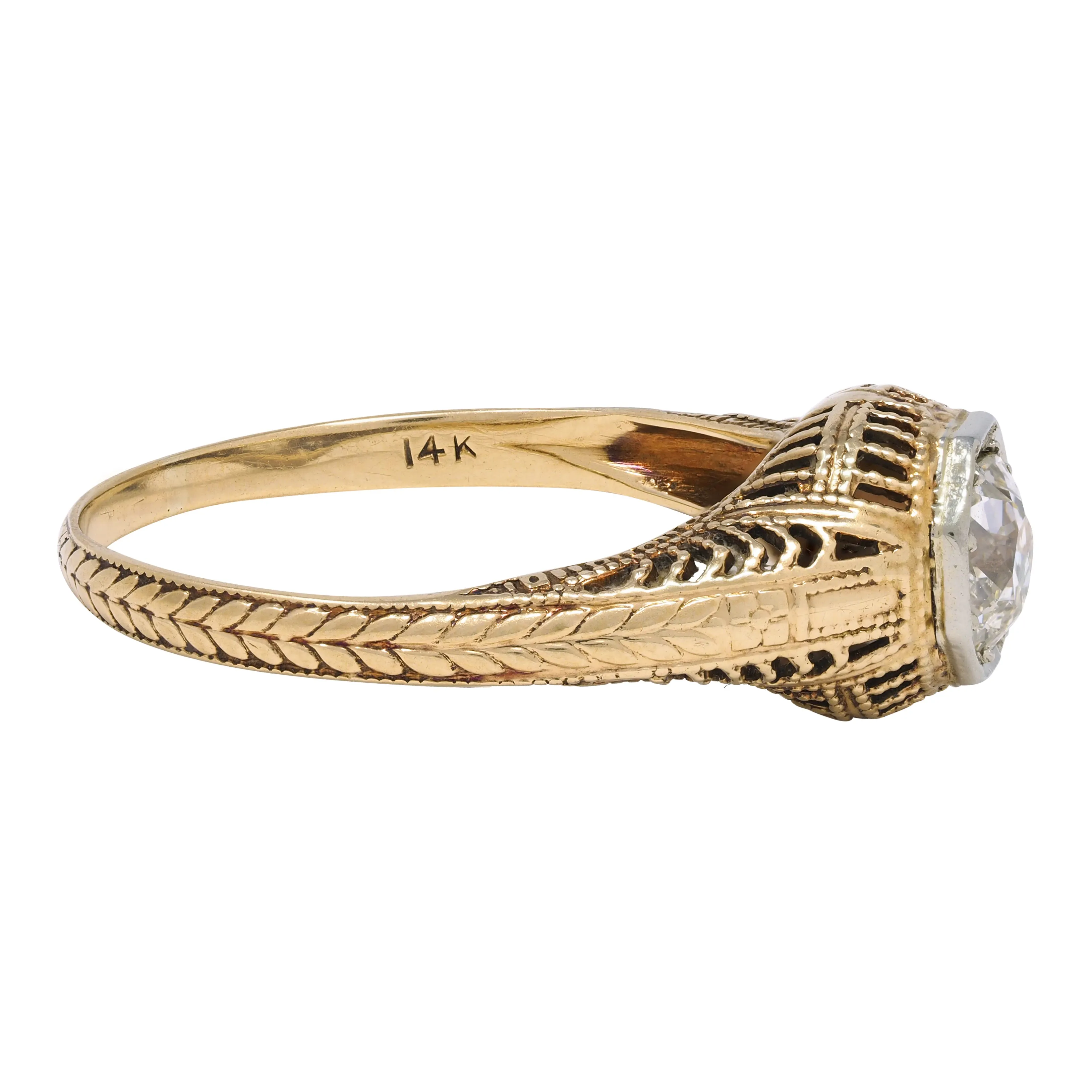 Victorian 0.64 CTW Old Mine Diamond Platinum 18 Karat Yellow Gold Wheat Solitaire Engagement Ring