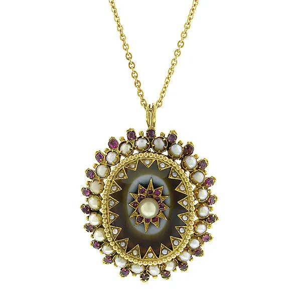 Victorian Banded Agate Pearl & Ruby Pendant