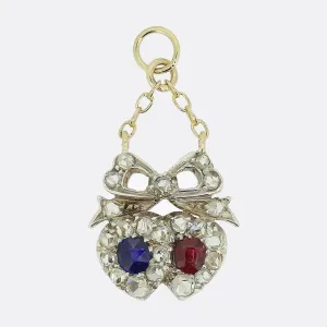 Victorian Ruby Sapphire and Diamond Double Heart Pendant