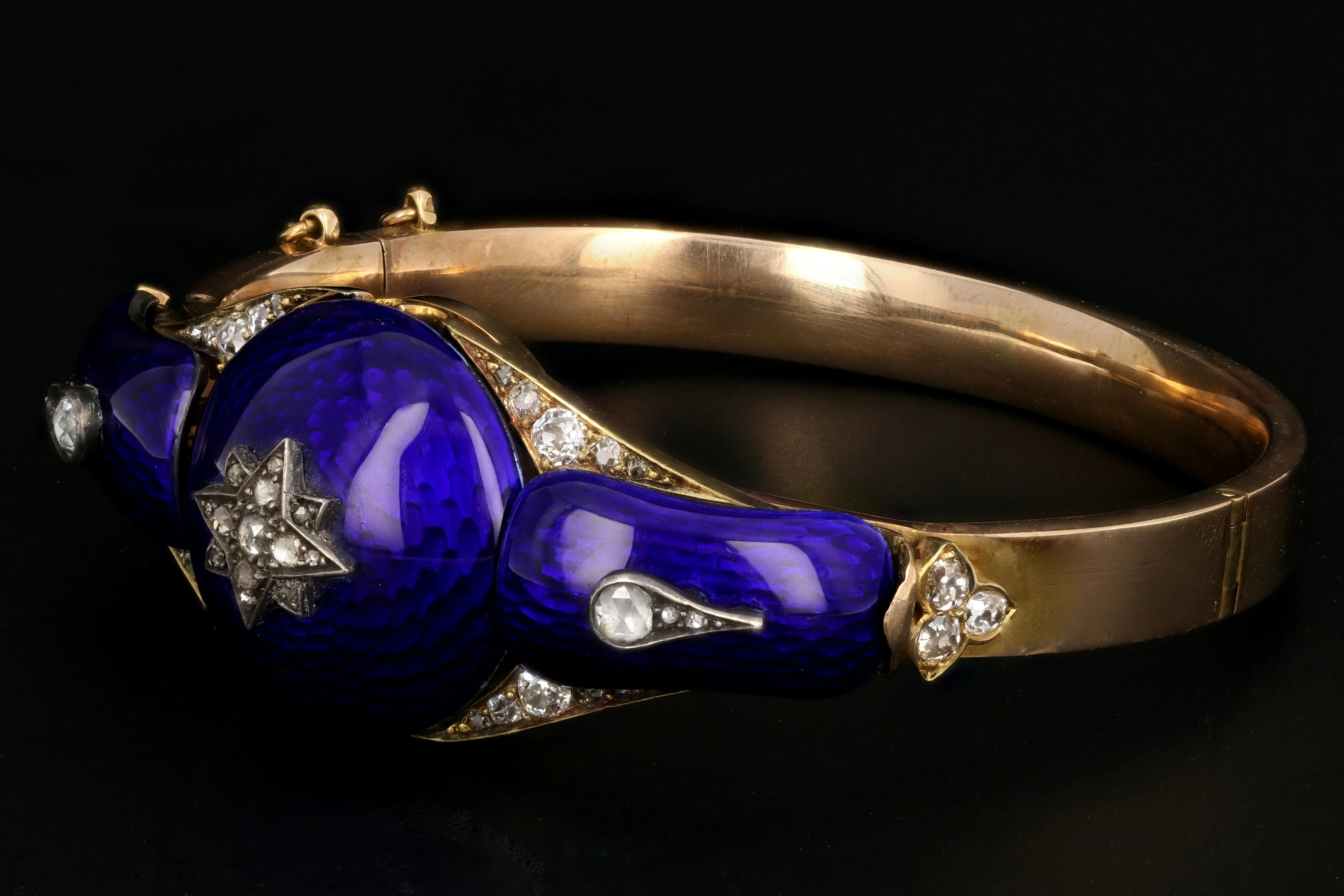 Victorian Yellow Gold Blue Enamel & Rose Cut Diamond Bangle