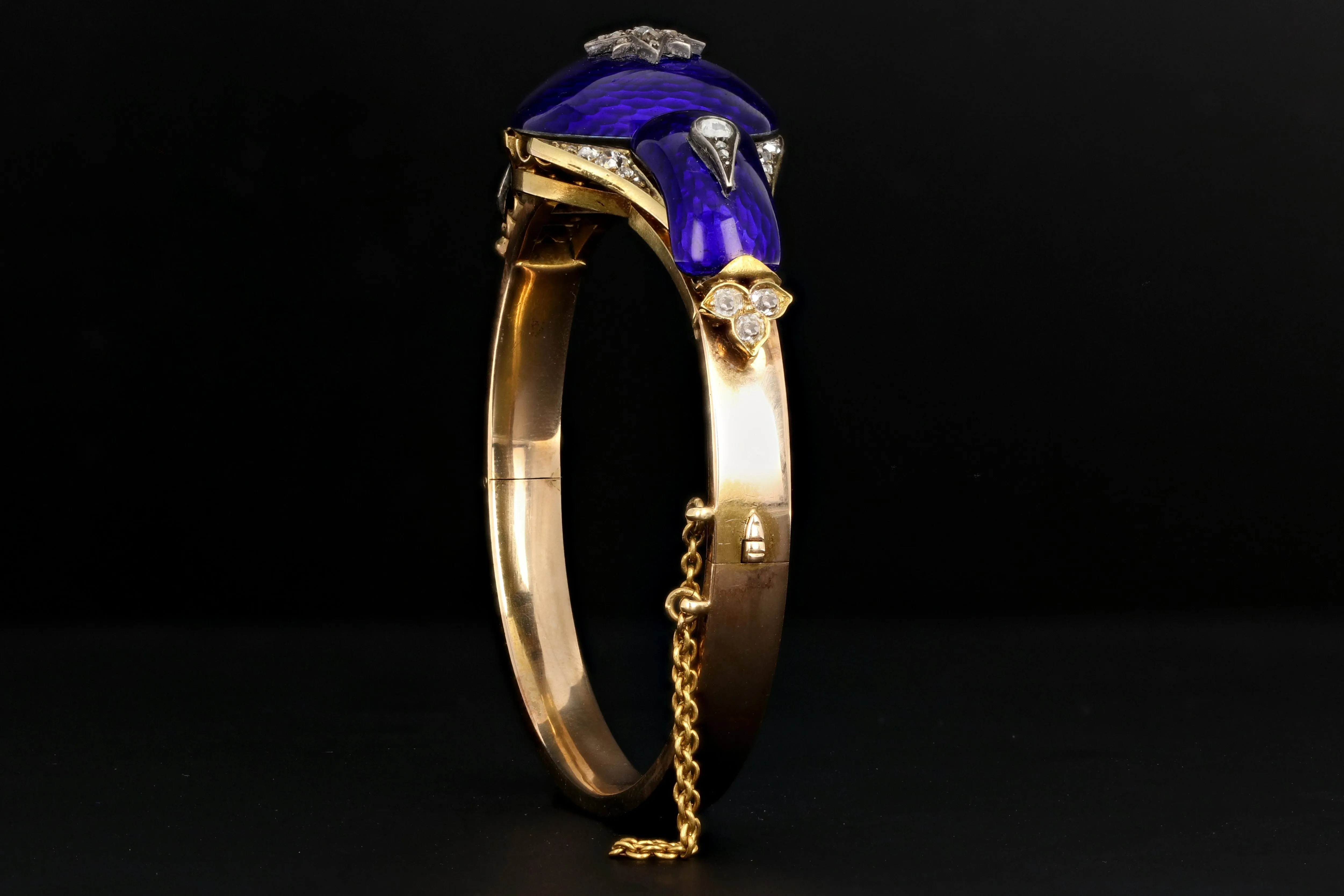 Victorian Yellow Gold Blue Enamel & Rose Cut Diamond Bangle