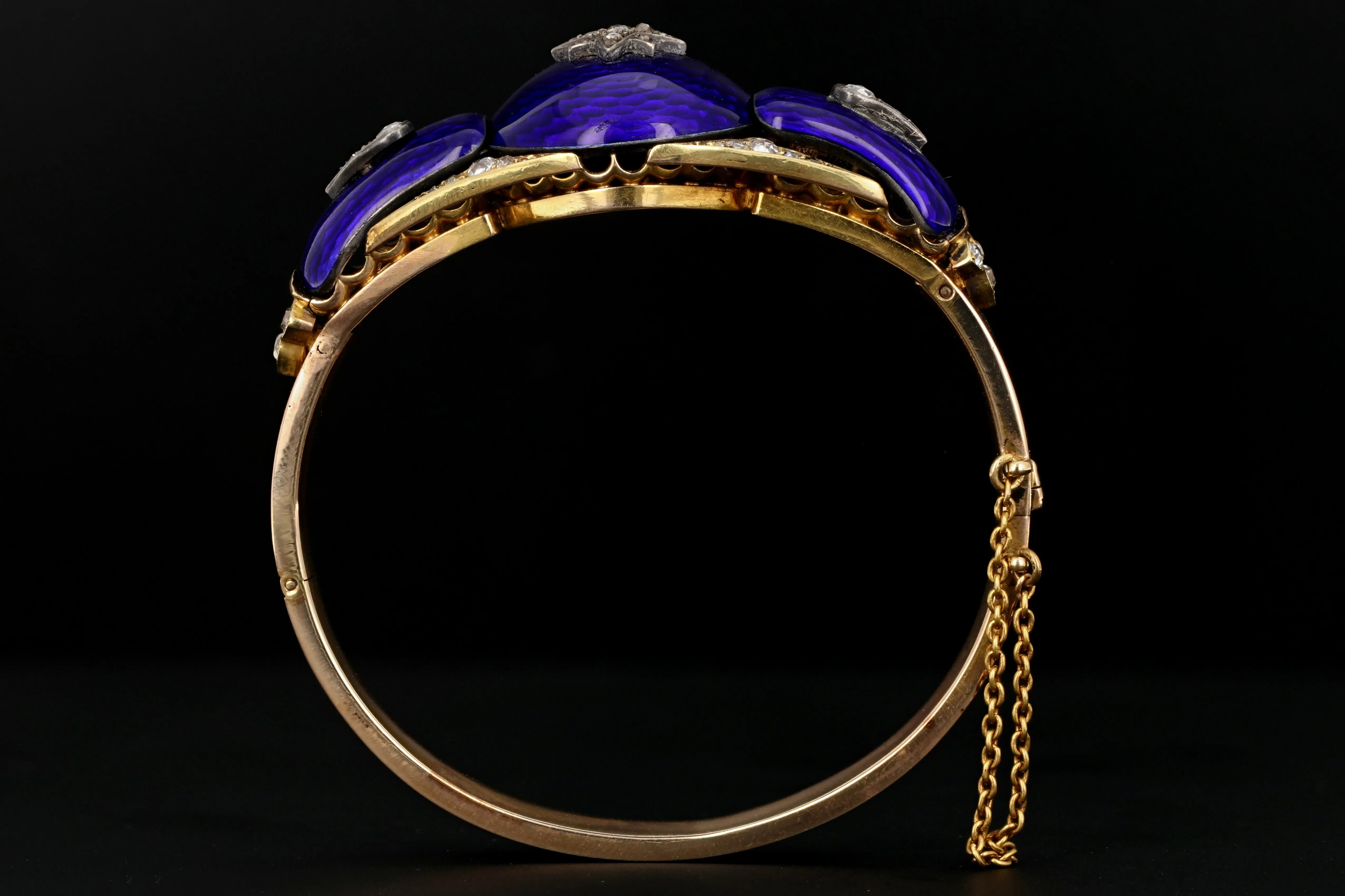 Victorian Yellow Gold Blue Enamel & Rose Cut Diamond Bangle