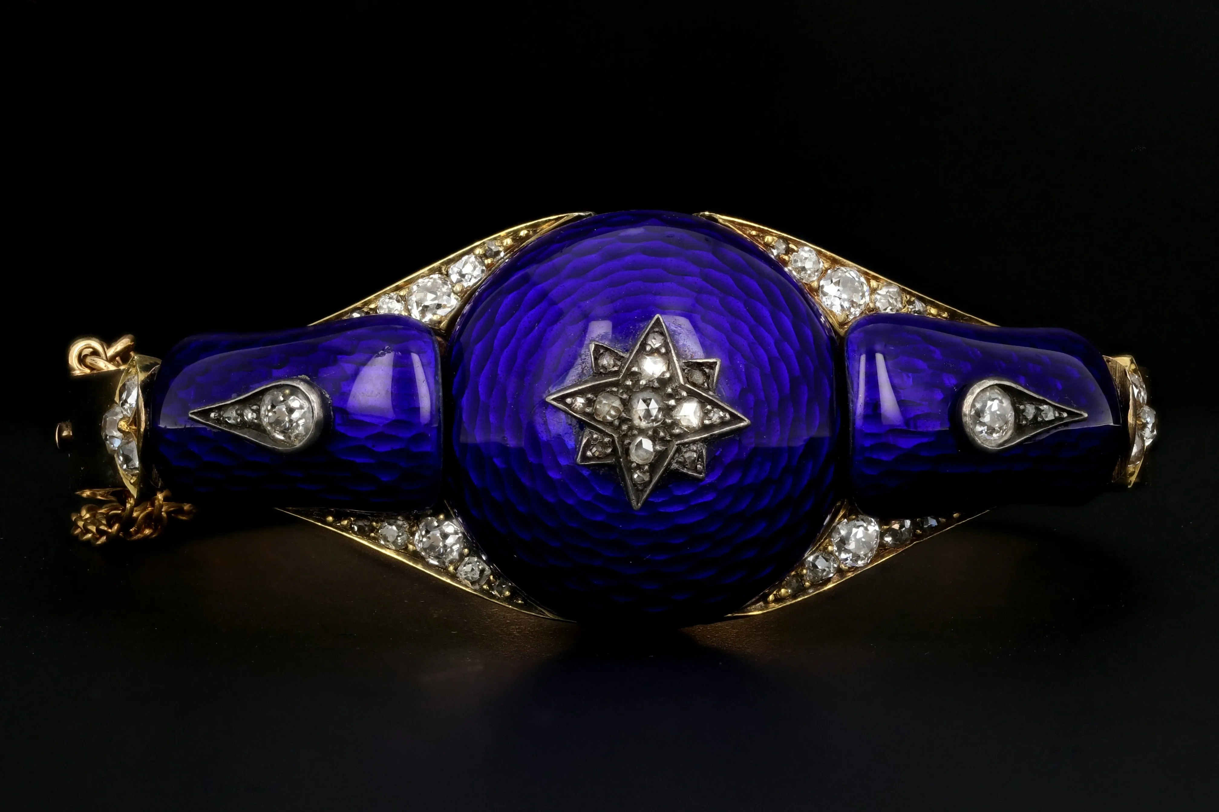 Victorian Yellow Gold Blue Enamel & Rose Cut Diamond Bangle