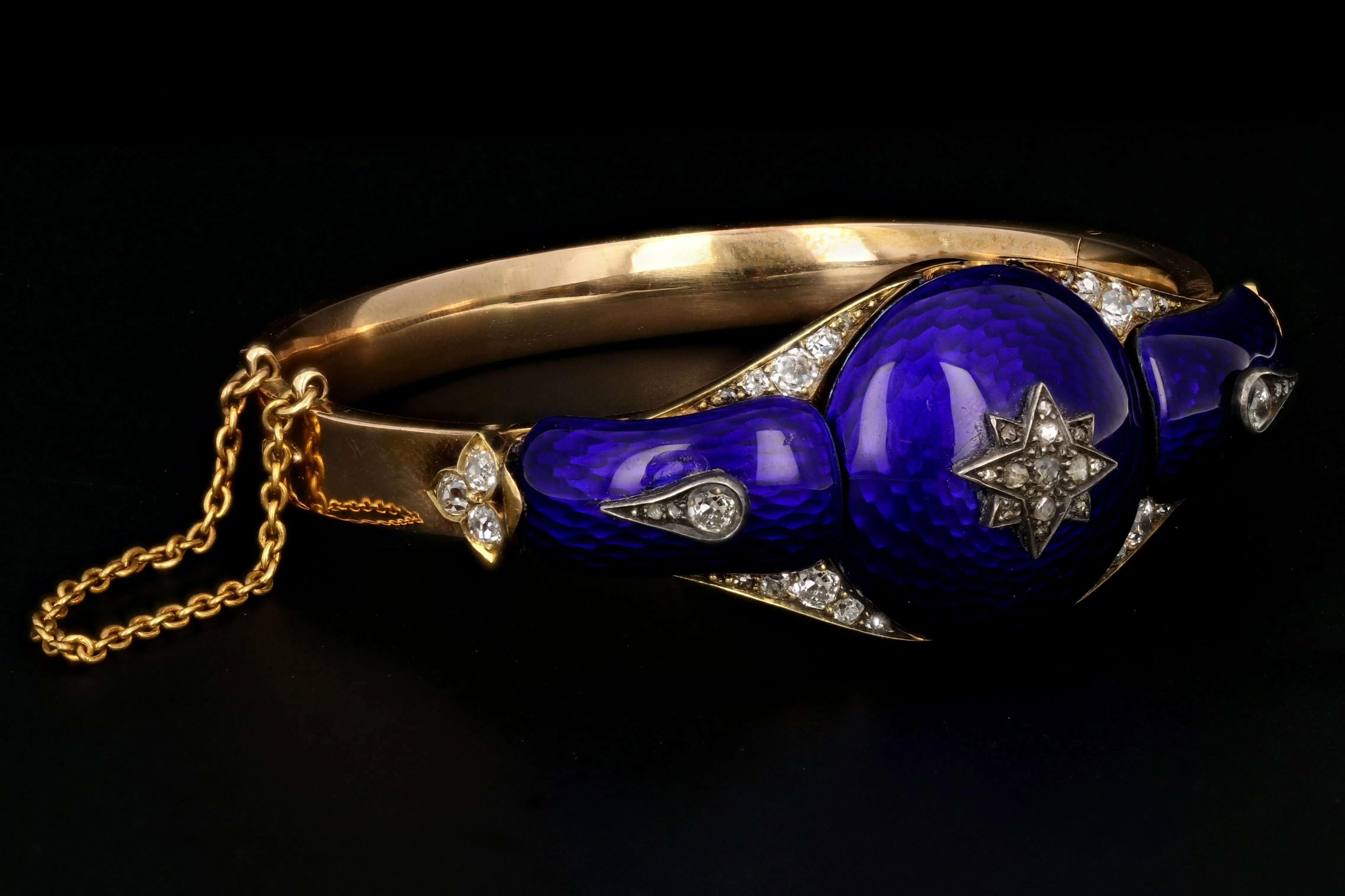 Victorian Yellow Gold Blue Enamel & Rose Cut Diamond Bangle