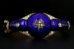 Victorian Yellow Gold Blue Enamel & Rose Cut Diamond Bangle