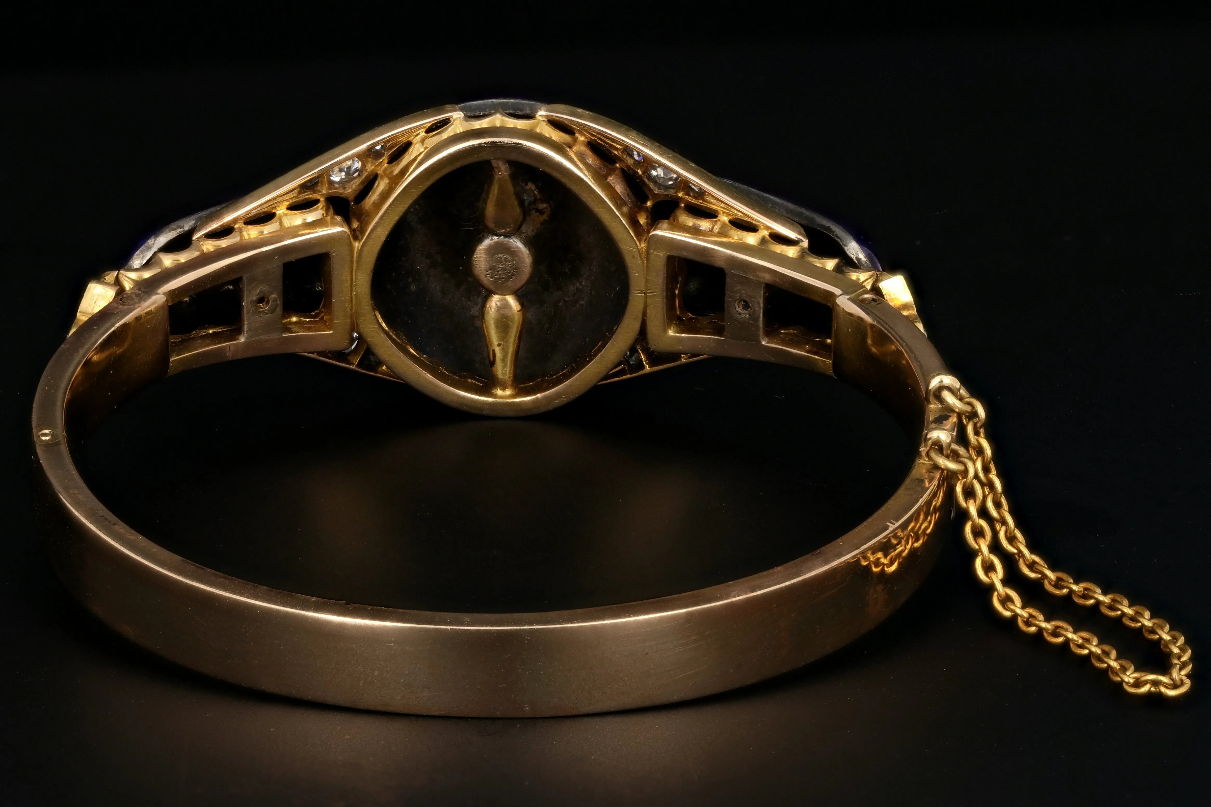 Victorian Yellow Gold Blue Enamel & Rose Cut Diamond Bangle