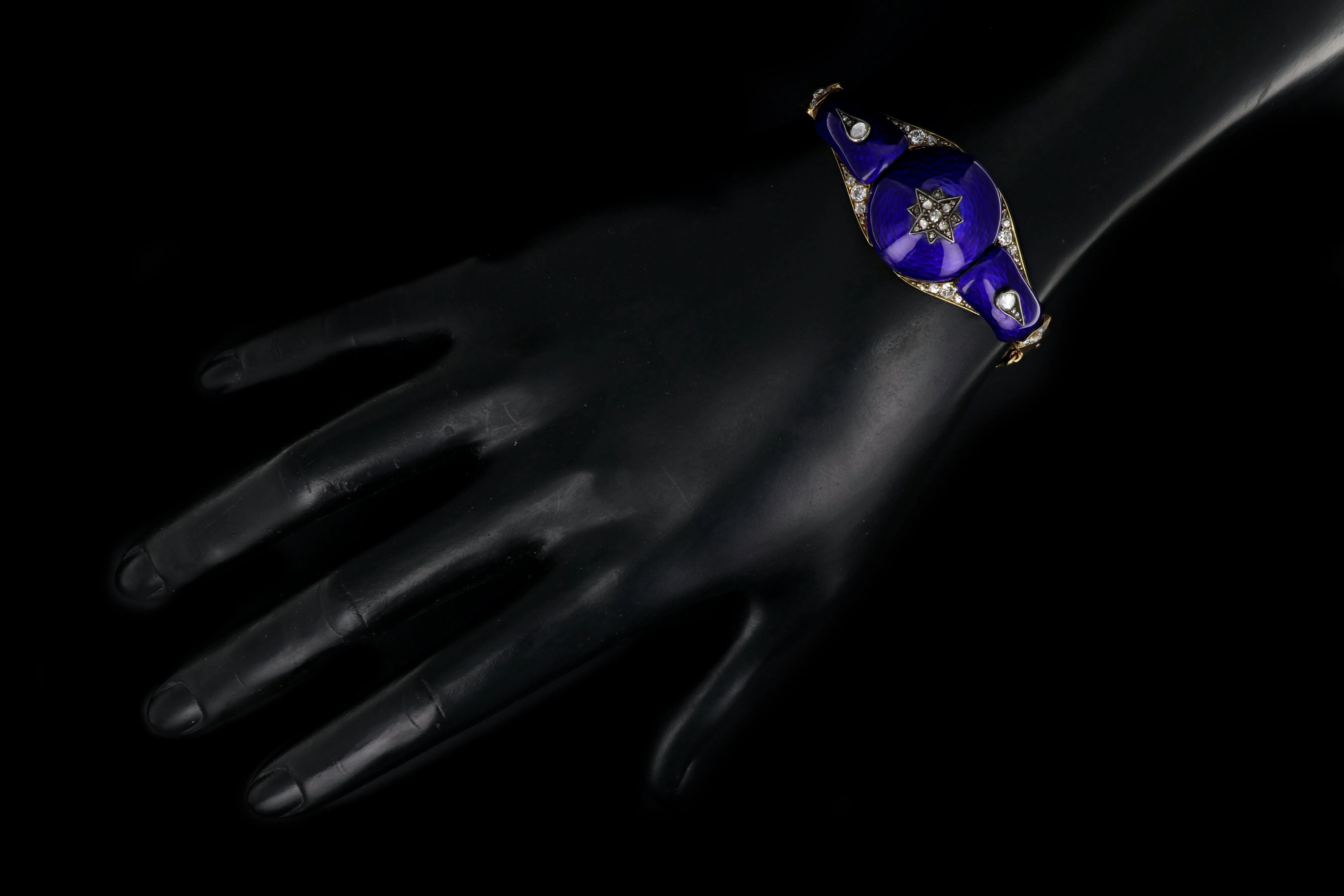 Victorian Yellow Gold Blue Enamel & Rose Cut Diamond Bangle