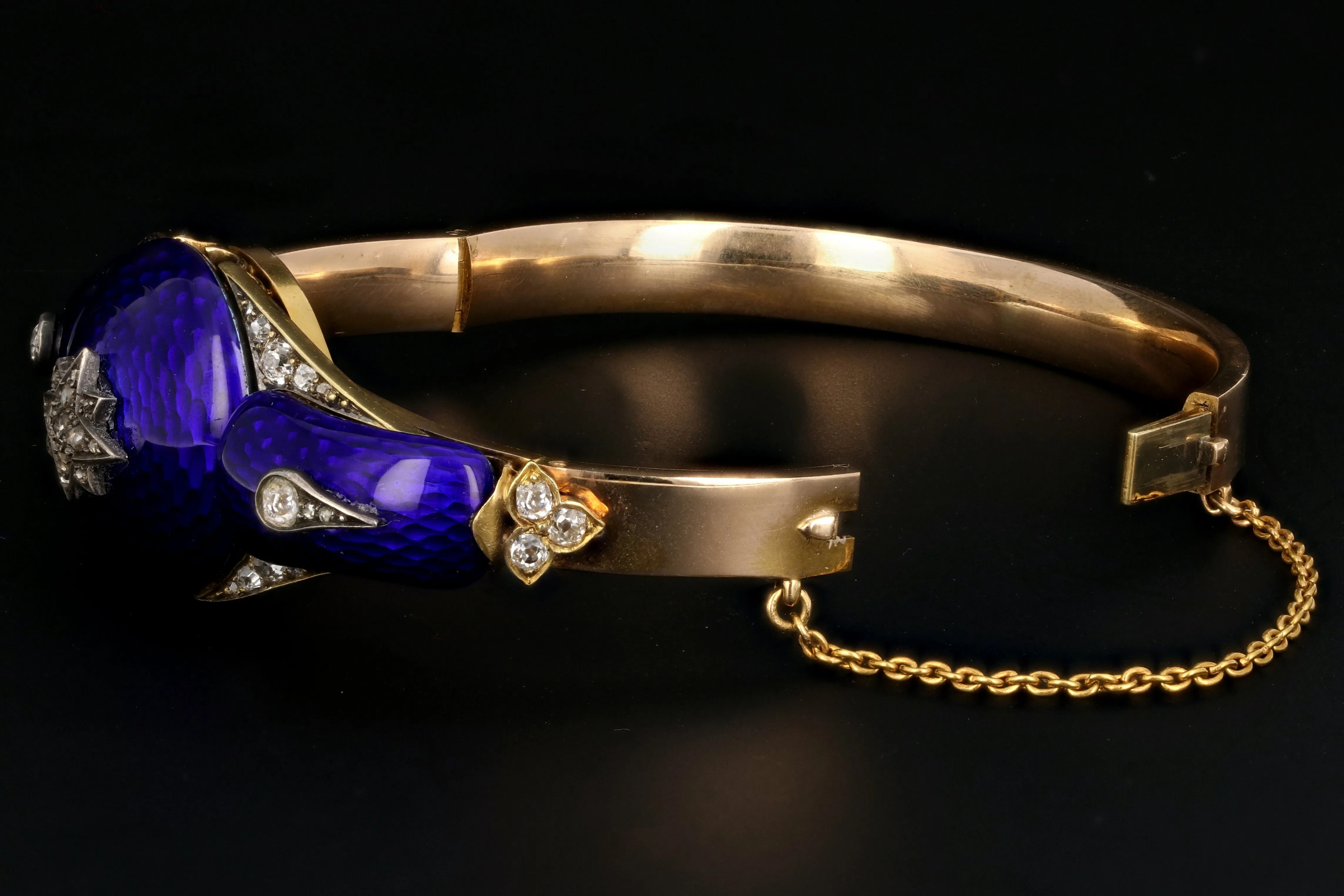 Victorian Yellow Gold Blue Enamel & Rose Cut Diamond Bangle