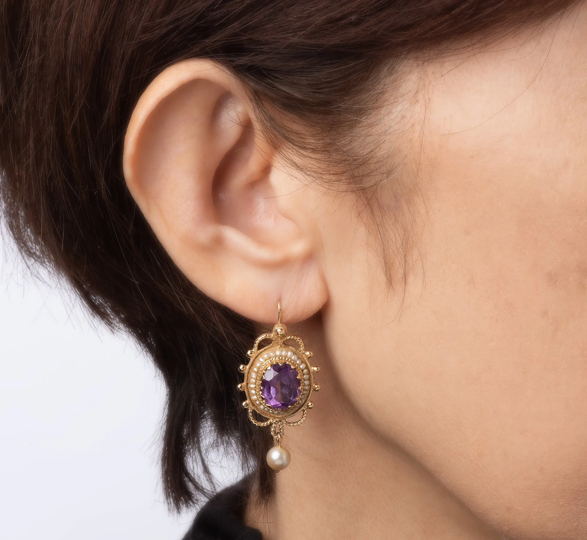 Vintage Amethyst Earrings Seed Pearls 14k Yellow Gold Drops Estate Jewelry
