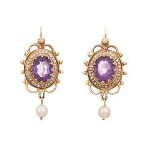 Vintage Amethyst Earrings Seed Pearls 14k Yellow Gold Drops Estate Jewelry