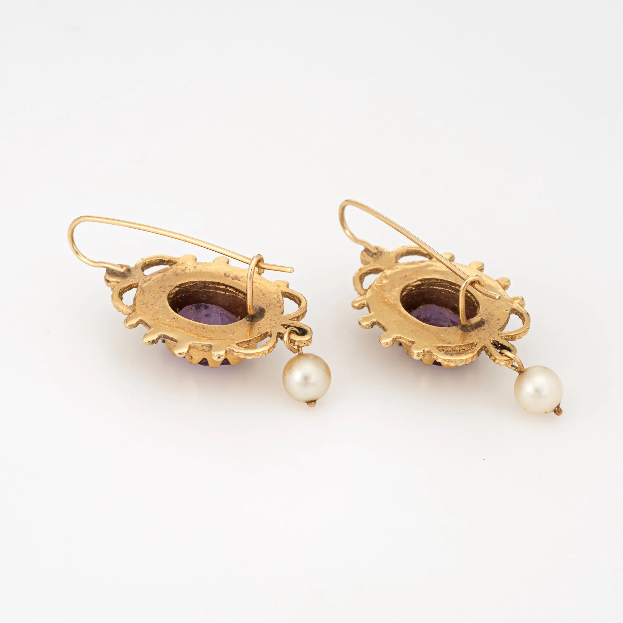 Vintage Amethyst Earrings Seed Pearls 14k Yellow Gold Drops Estate Jewelry
