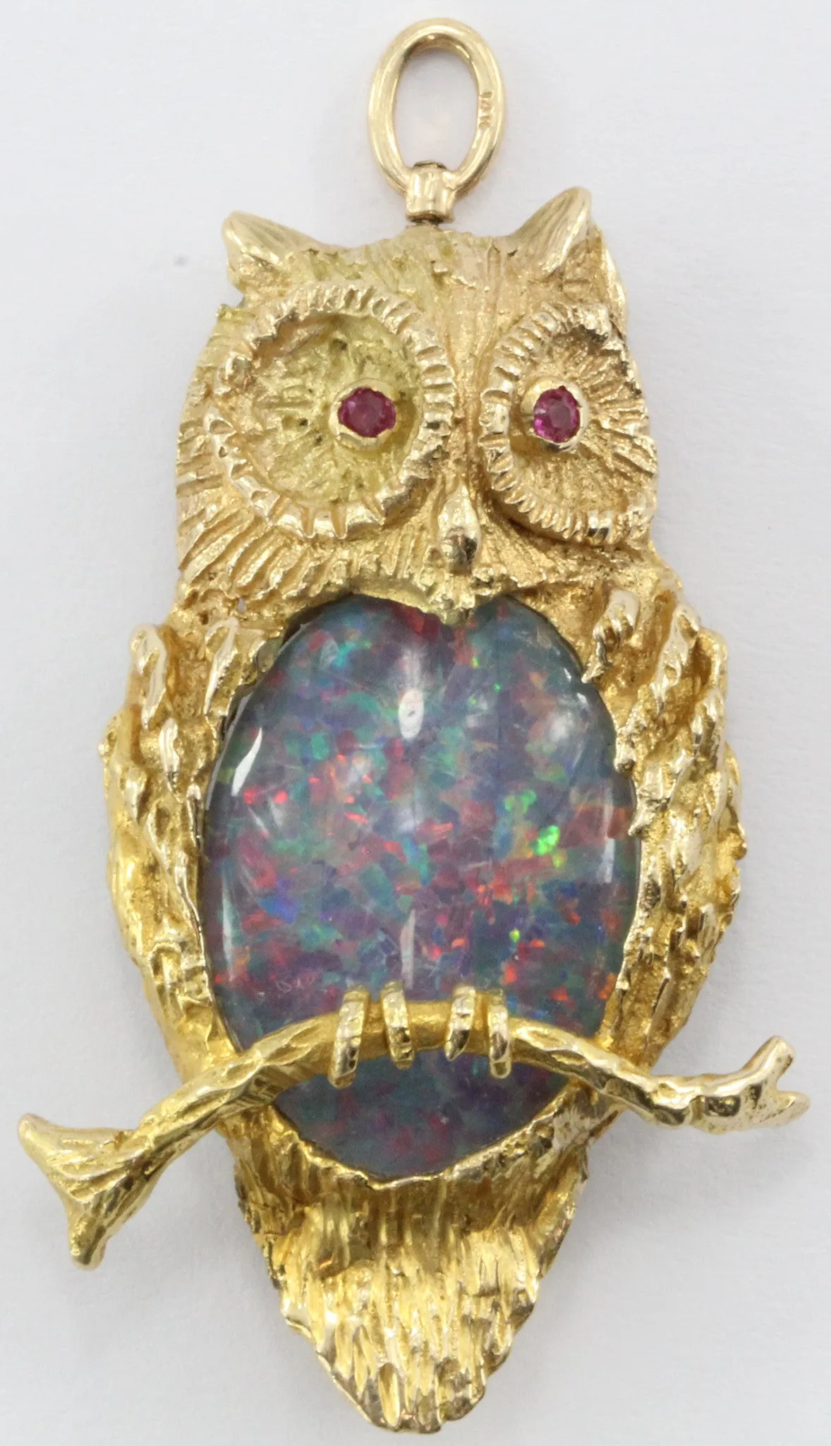 Vintage Designer 14K Gold & Opal & Ruby Perched Owl Pendant / Brooch