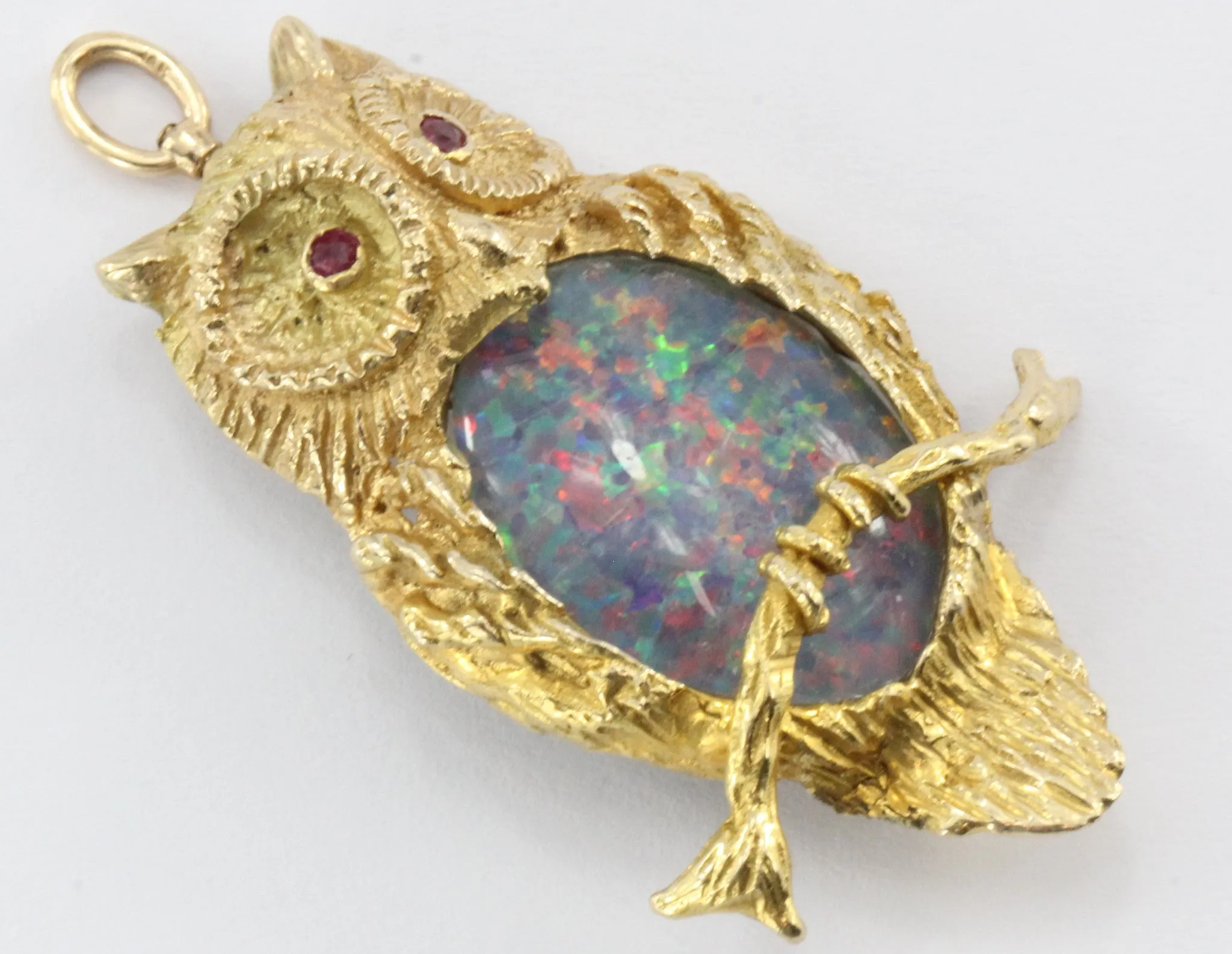 Vintage Designer 14K Gold & Opal & Ruby Perched Owl Pendant / Brooch