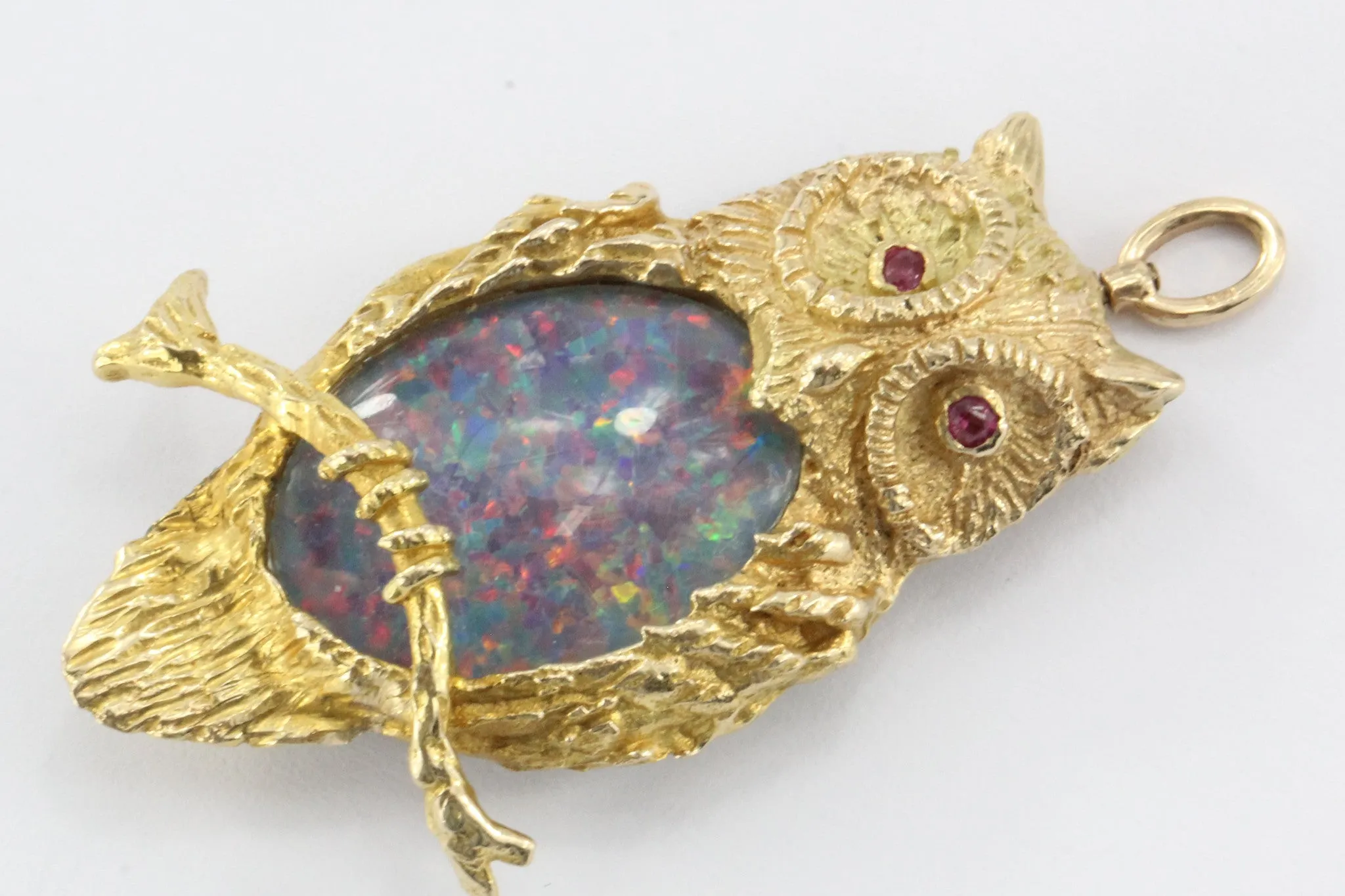 Vintage Designer 14K Gold & Opal & Ruby Perched Owl Pendant / Brooch