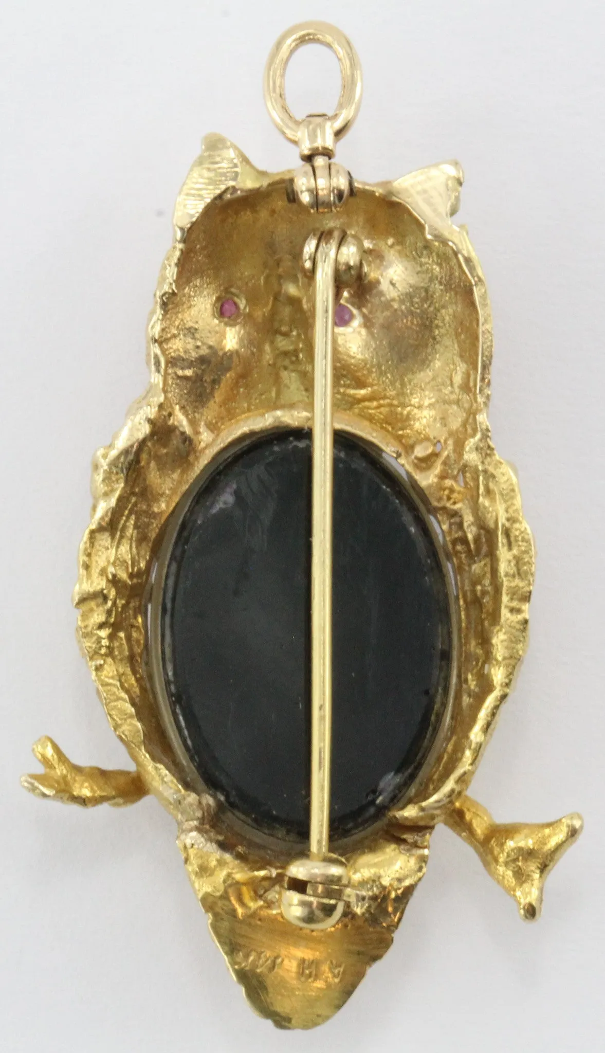 Vintage Designer 14K Gold & Opal & Ruby Perched Owl Pendant / Brooch