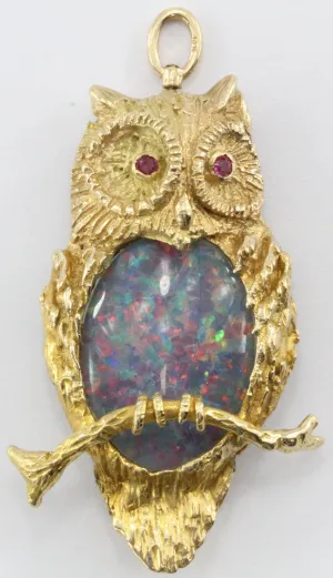 Vintage Designer 14K Gold & Opal & Ruby Perched Owl Pendant / Brooch