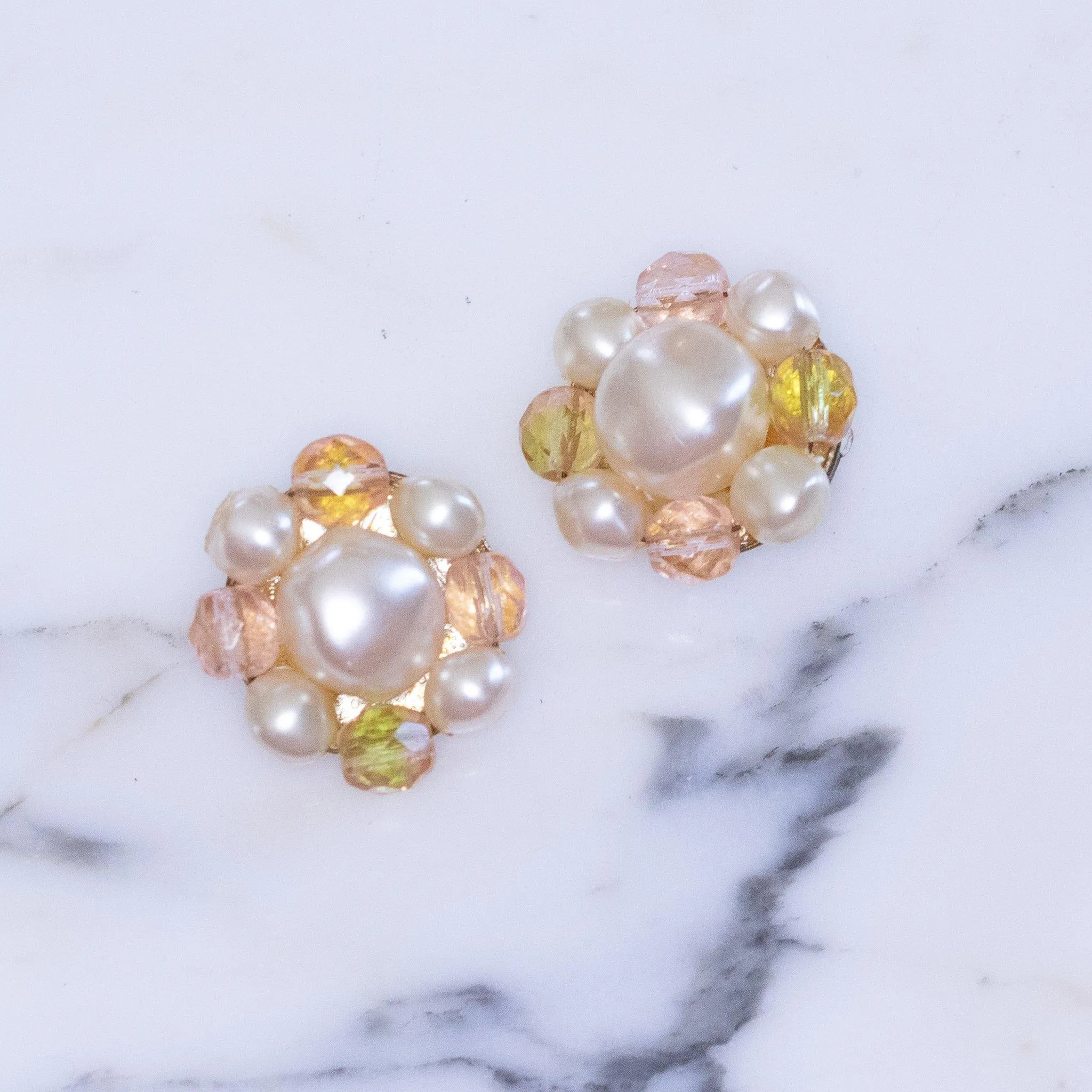 Vintage Faux Pearl with Yellow and Light Pink Crystal Cluster Clip Earrings