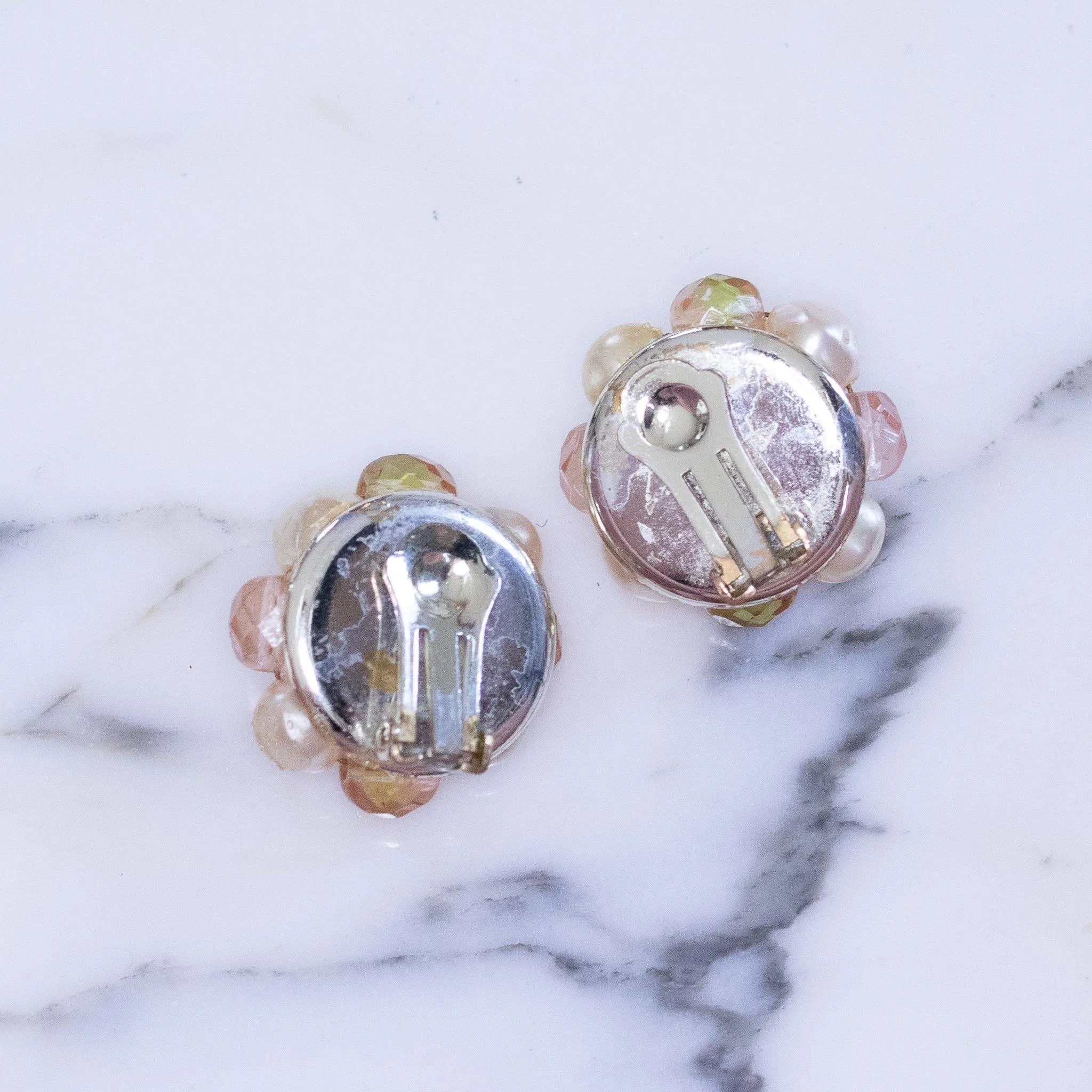 Vintage Faux Pearl with Yellow and Light Pink Crystal Cluster Clip Earrings