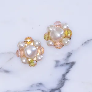 Vintage Faux Pearl with Yellow and Light Pink Crystal Cluster Clip Earrings