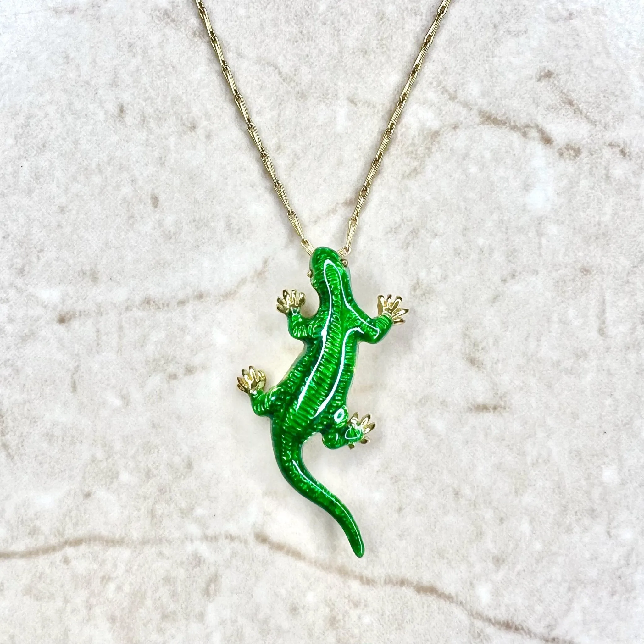 Vintage Handcrafted 18 Karat Yellow Gold & Enamel Lizard Pendant Necklace By Carvin French