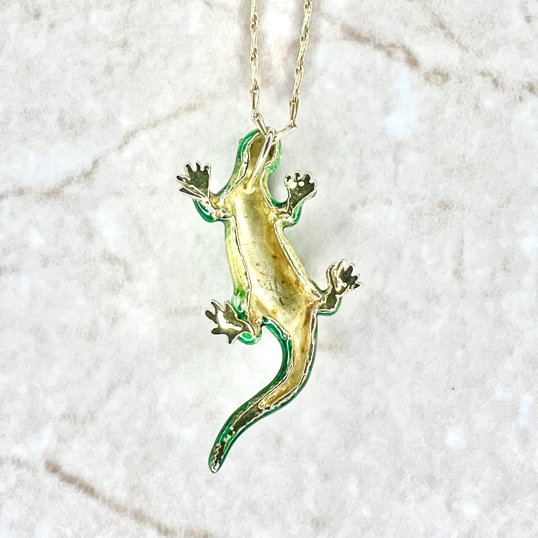 Vintage Handcrafted 18 Karat Yellow Gold & Enamel Lizard Pendant Necklace By Carvin French