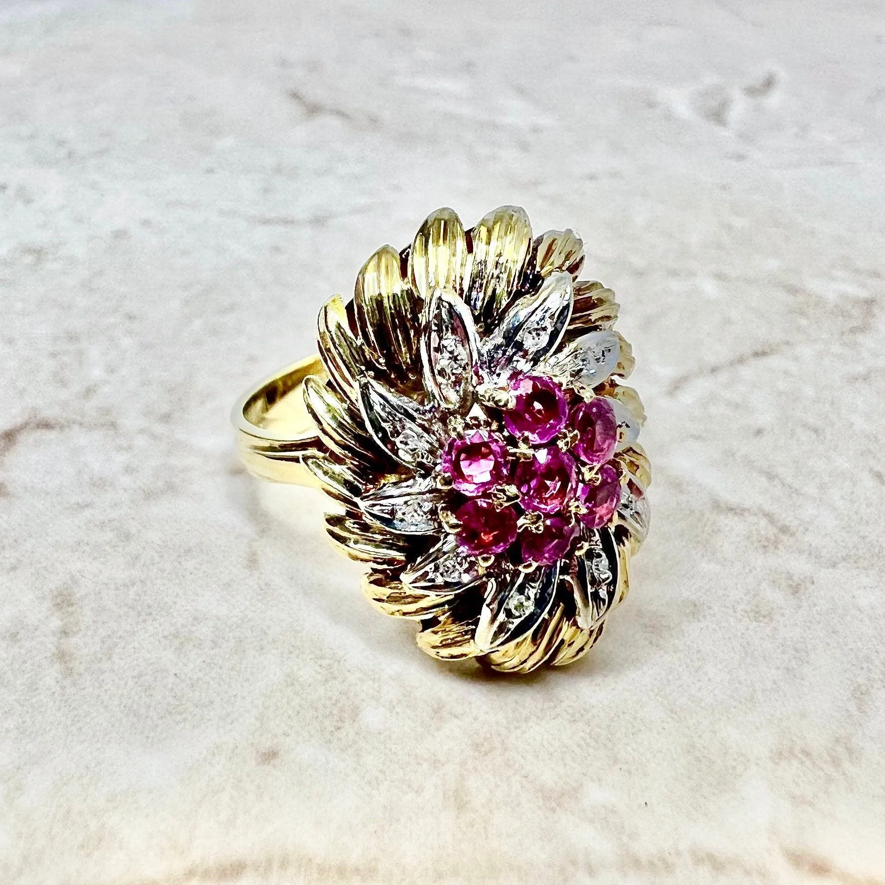 Vintage Italian 18 Karat Two-Tone Gold Ruby & Diamond Cocktail Ring