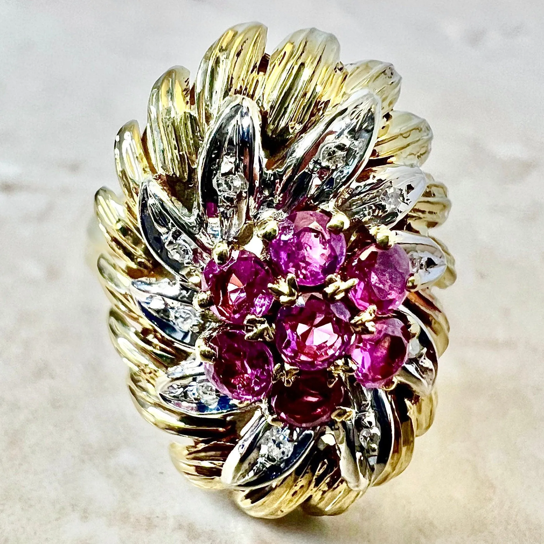 Vintage Italian 18 Karat Two-Tone Gold Ruby & Diamond Cocktail Ring