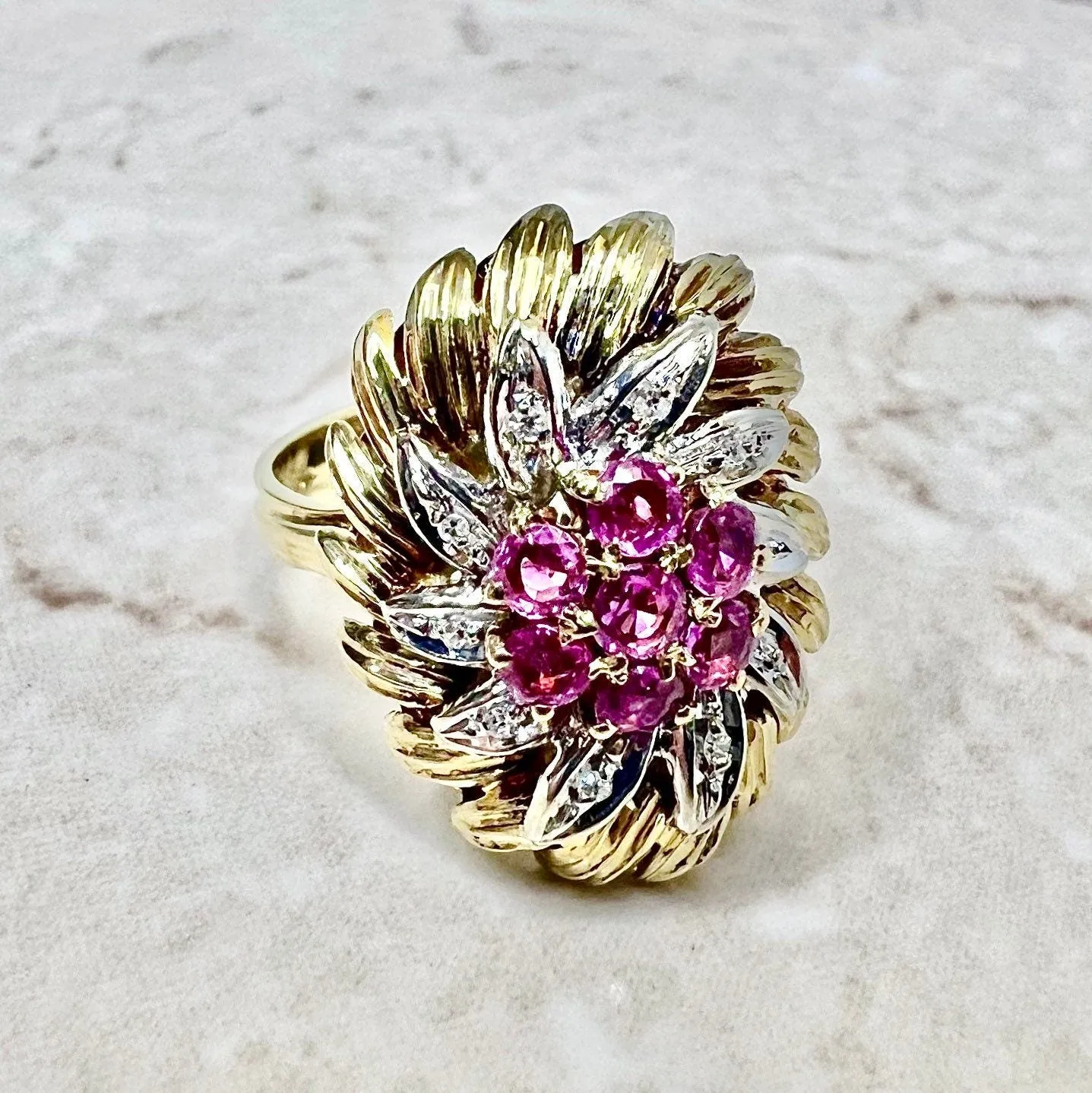 Vintage Italian 18 Karat Two-Tone Gold Ruby & Diamond Cocktail Ring