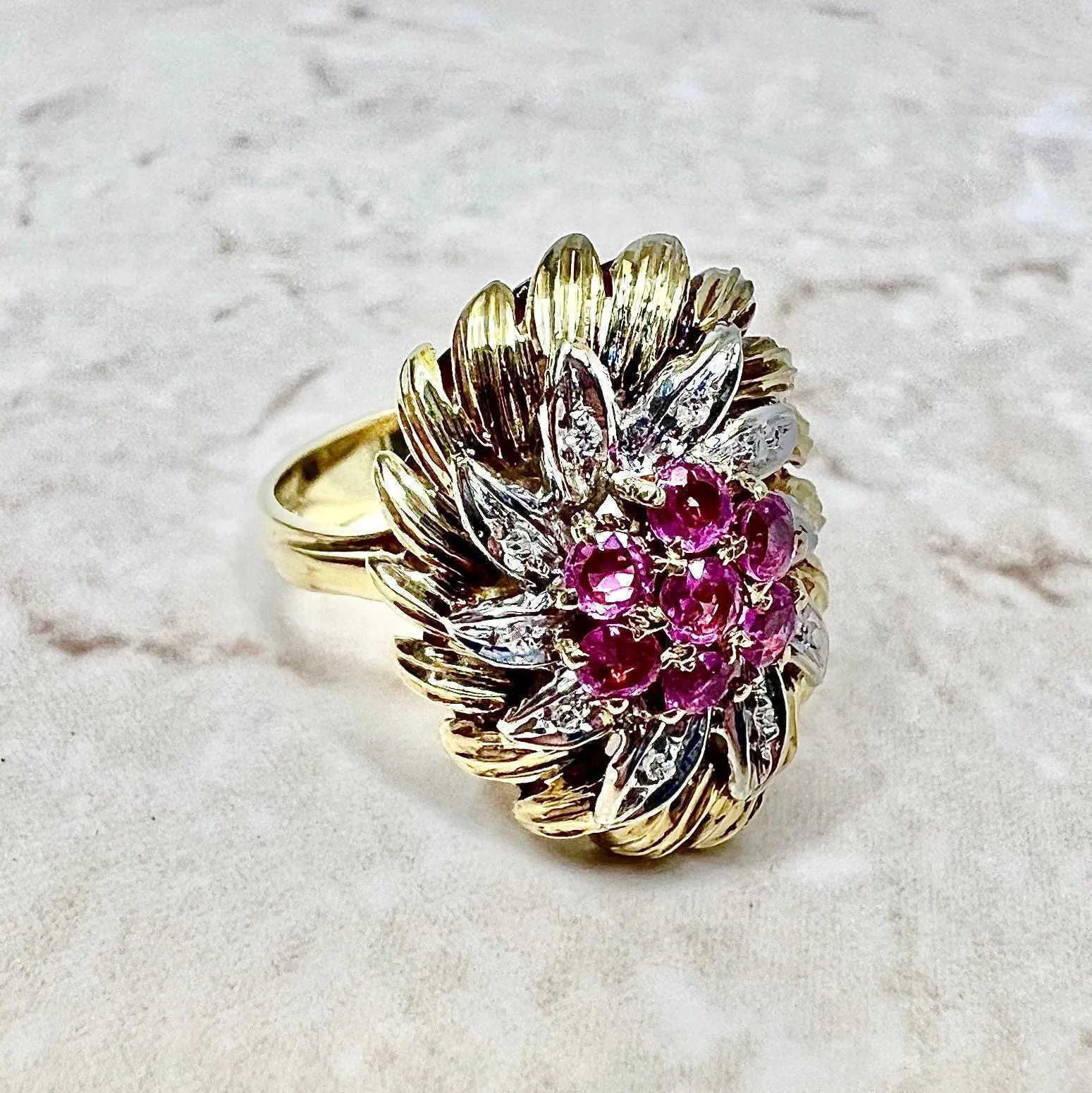 Vintage Italian 18 Karat Two-Tone Gold Ruby & Diamond Cocktail Ring
