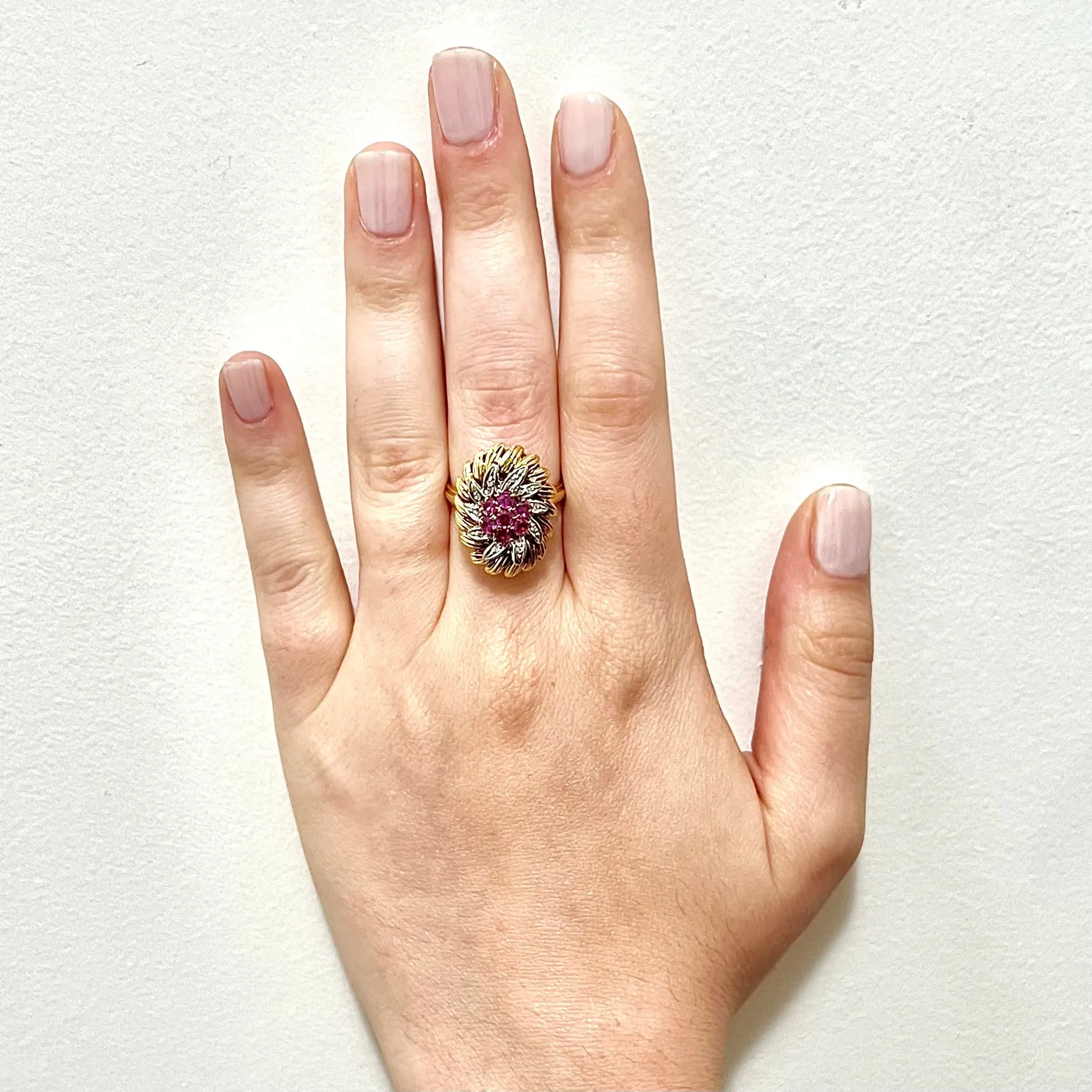Vintage Italian 18 Karat Two-Tone Gold Ruby & Diamond Cocktail Ring